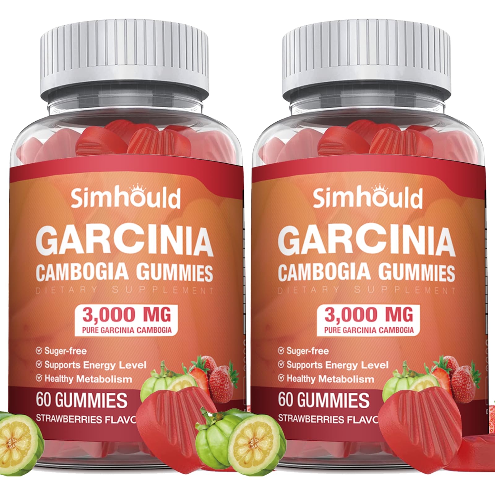 2 Pack Sugar Free Garcinia Cambogia Gummies - 3000mg 95% HCA with L-Carnitine, Energy Boost, Strawberry Flavor Gummy Easier to Take Than Pills & Capsules 120 Counts