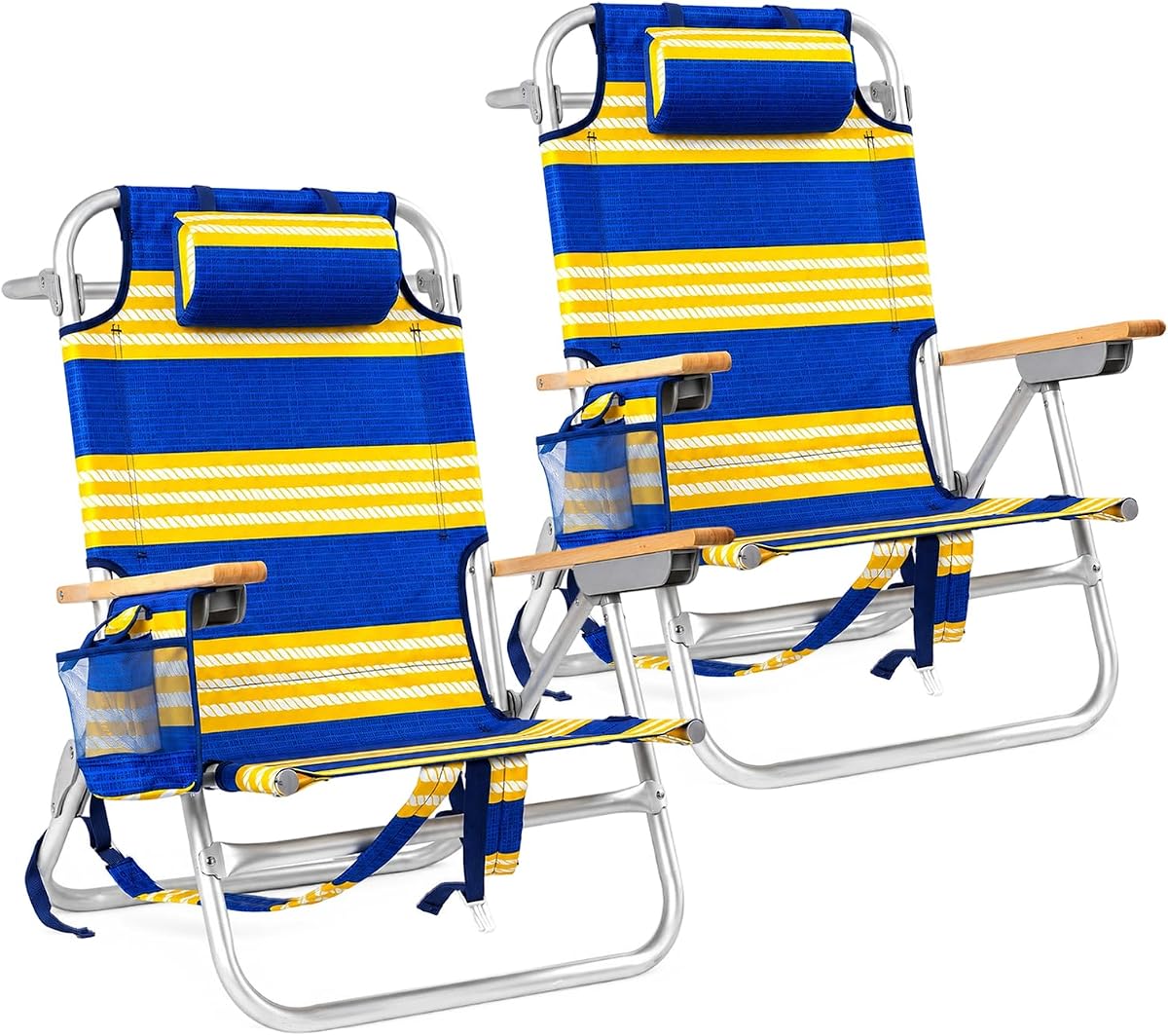 2 Pack Backpack Beach Chair for Adults Capacity 300 LBS Low 5 Position | with Pouch Straps Folding Lightweight Reclining Aluminum Wide Lay Flat Single
