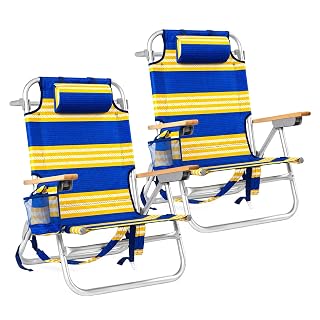 2 Pack Backpack Beach Chair for Adults Capacity 300 LBS Low 5 Position | with Pouch Straps Folding Lightweight Reclining Aluminum Wide Lay Flat Single - Amazon product rated Grade A
