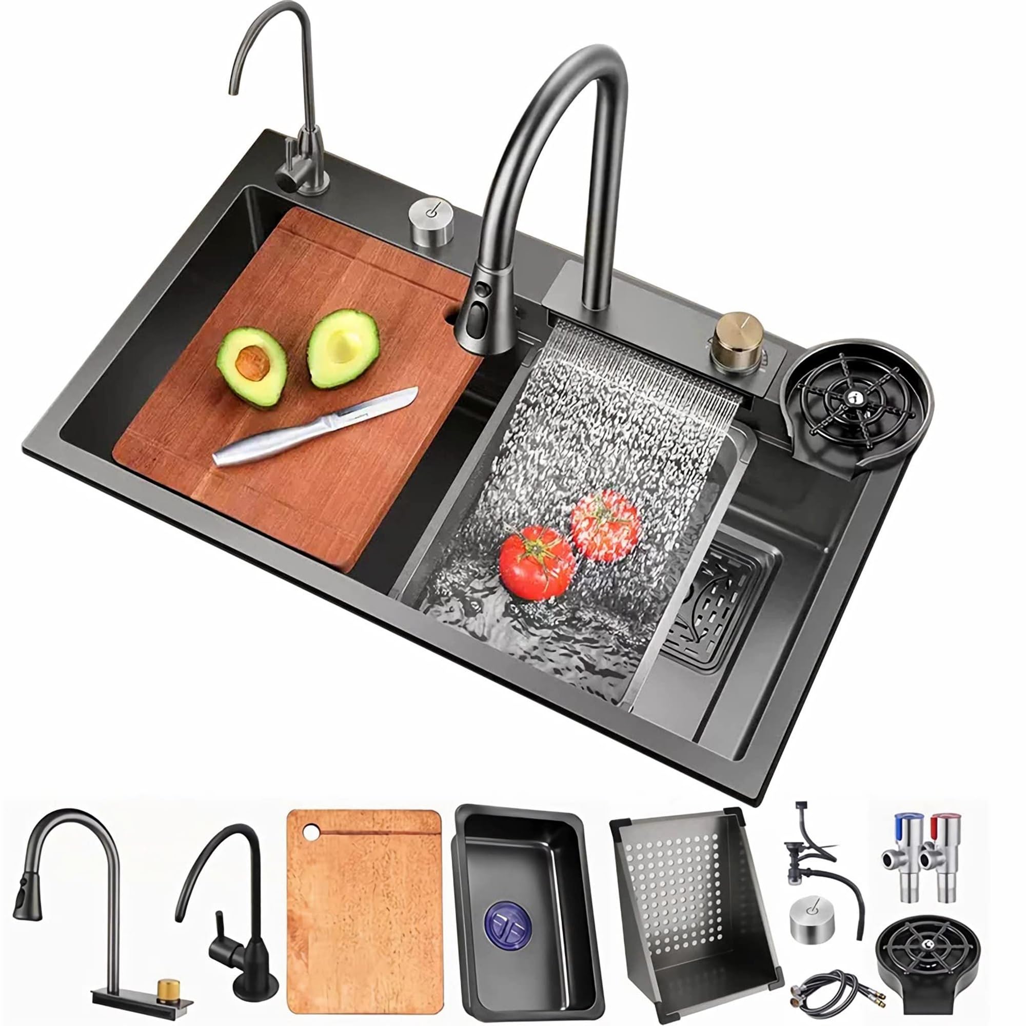 Évier de cuisine design JATIBOSH luxe en acier inoxydable noir avec cascade d'eau moderne