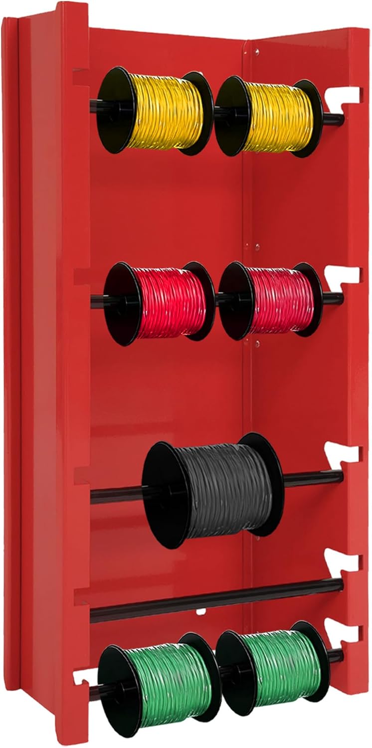Wire Spool Holder 13.7X26X6" Wall-Mounted Wire/Cable Dispenser Spool Display & Storage Rack 5 Rods Wire Spool Holder for Electrical, Industrial & Retail Red+Black Steel