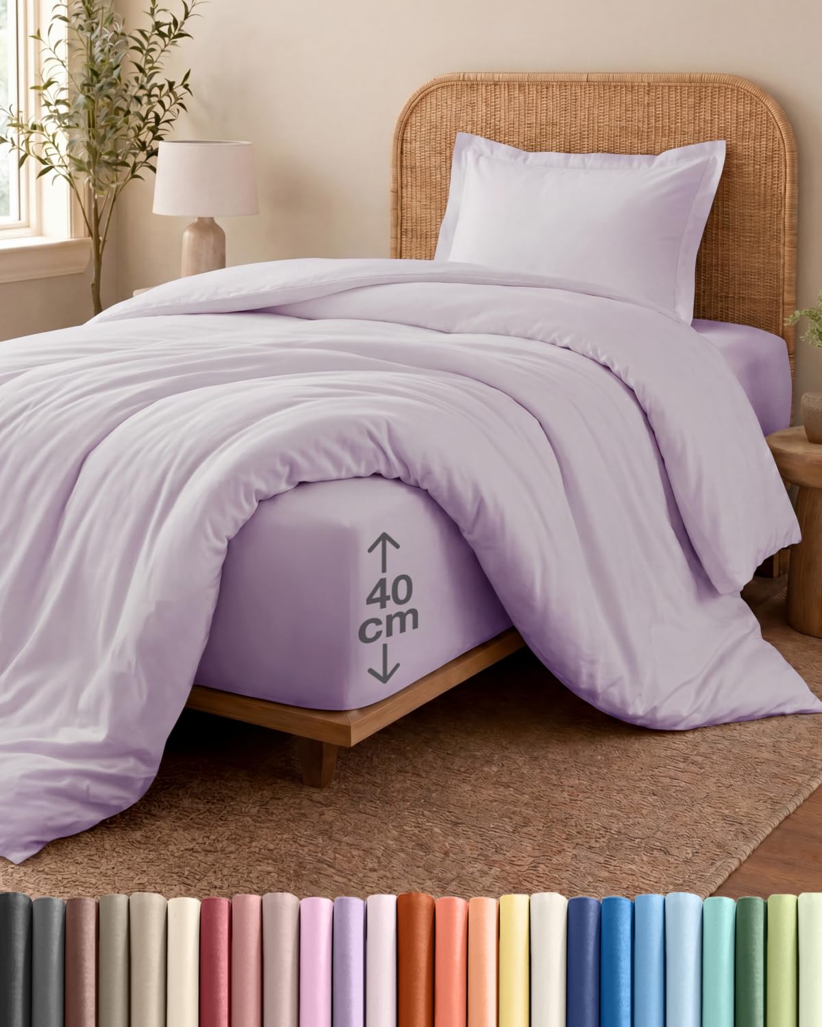 3 Piece Single Bed Light Lavender Duvet Cover Set - Duvet Cover & Fitted Sheet, 1 Pillowcase - 135x200cm + 90x190cm 40cm / 16" - Microfibre - Soft, Wrinkle & Fade Resistant - OEKO-TEX Certified