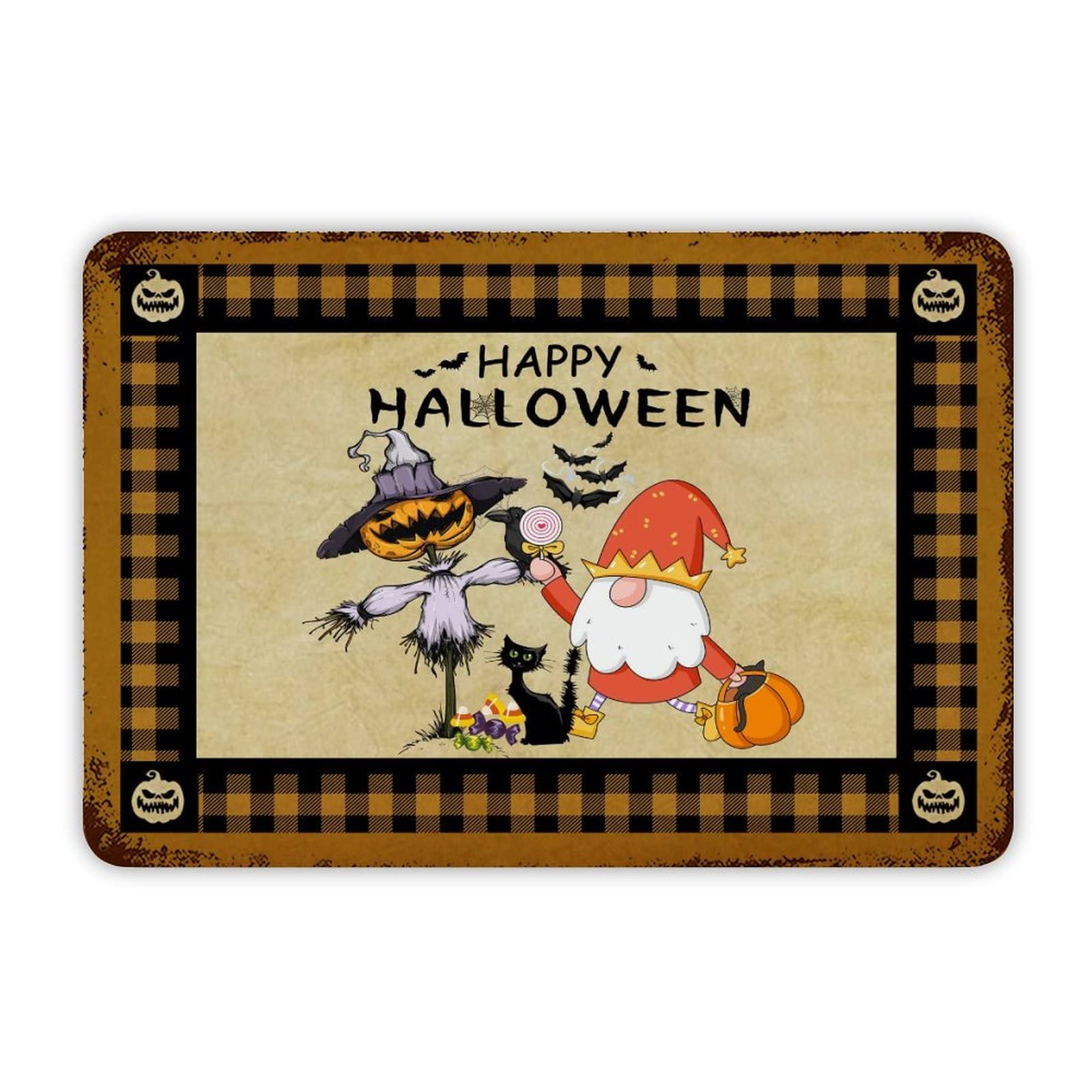 ENEDNATE Happy Halloween Gnome Black Cat Bat Spider Ghost Pumpkin Aluminum Tin Metal Sign for Indoor Outdoor Business Retail Store Patio Yard Home Decoration Easy to Mount Wall Art Poster 8x12 Inch