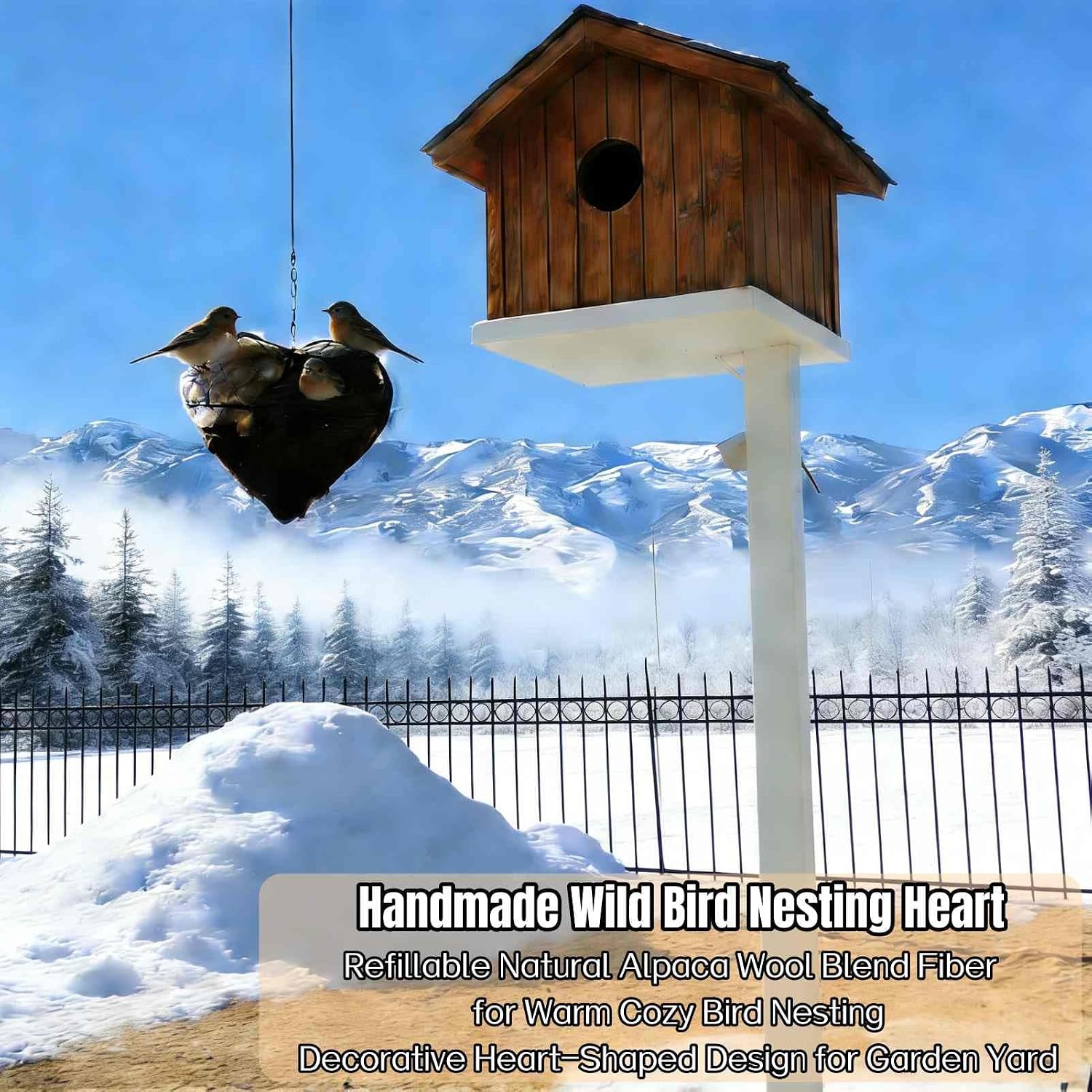 Handmade Fiber Bird Nesting Heart, Birds Nests Material Holder, Hummingbird Nest Boxes for Outside. Decorative Dual-Purpose Bird House: A Nesting Aid and Garden View Cottage (2Set)