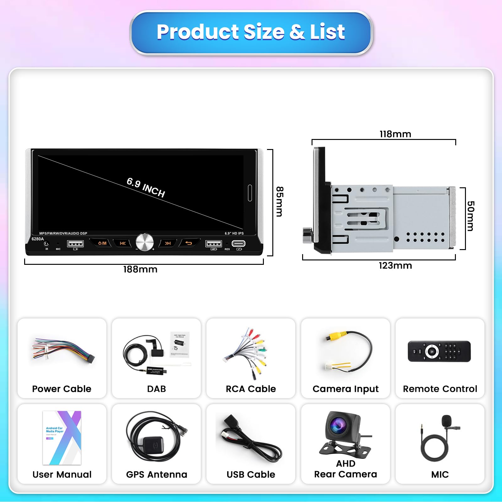 Hikity 2+64G Dab/Dab+ Radio samochodowe 1Din z bezprzewodowym Carplay Android Auto, Android 13 6,9-calowy ekran dotykowy Din 1 Radio z GPS WiFi Bluetooth Mirror Link FM AUX TF USB SWC Kamera cofania