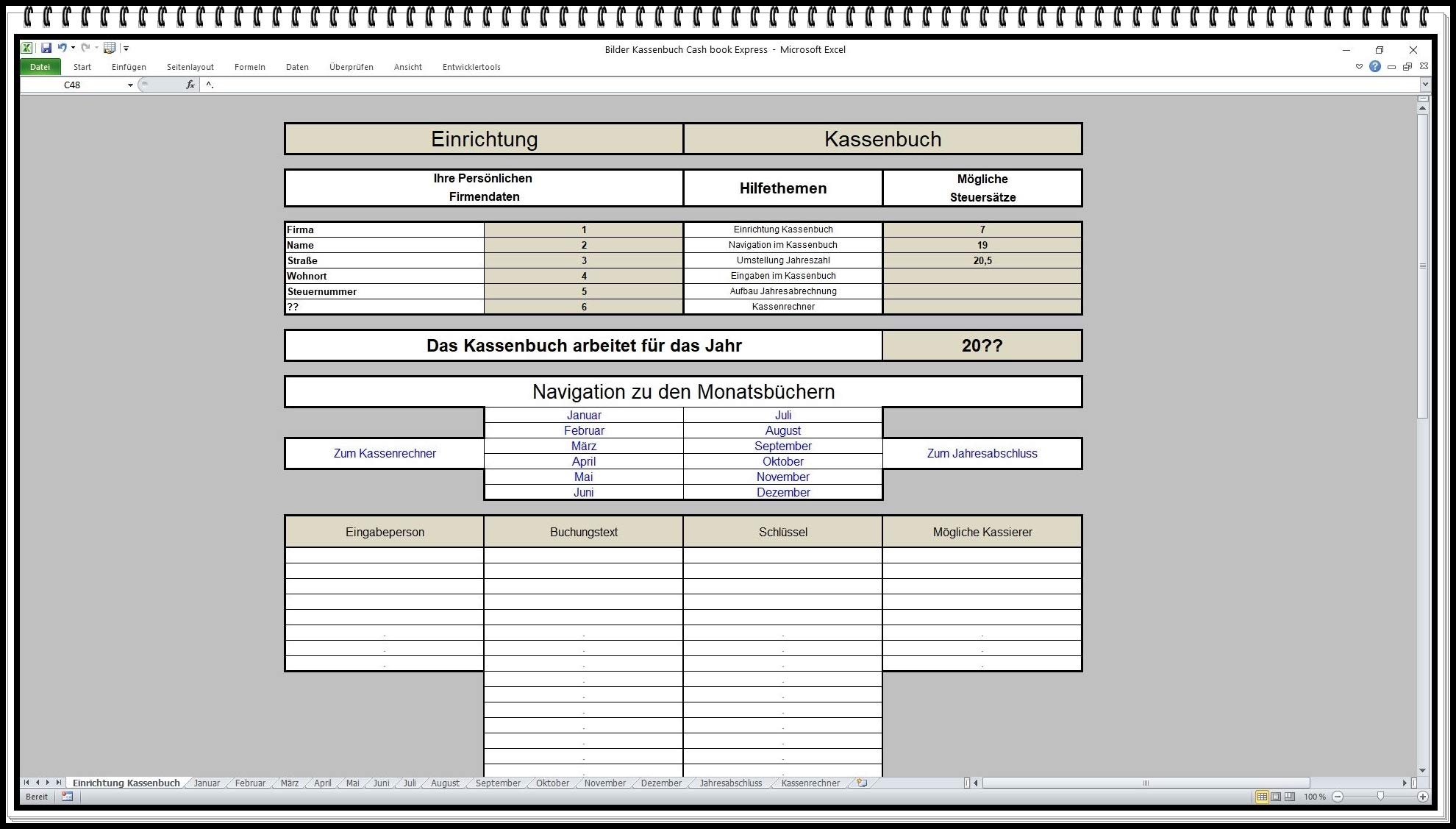 Elektronisches Kassenbuch-Software zur Berechnung von Einnahmen-Ausgaben-Überschuss Excel App auch 5% ud 16% MwSt