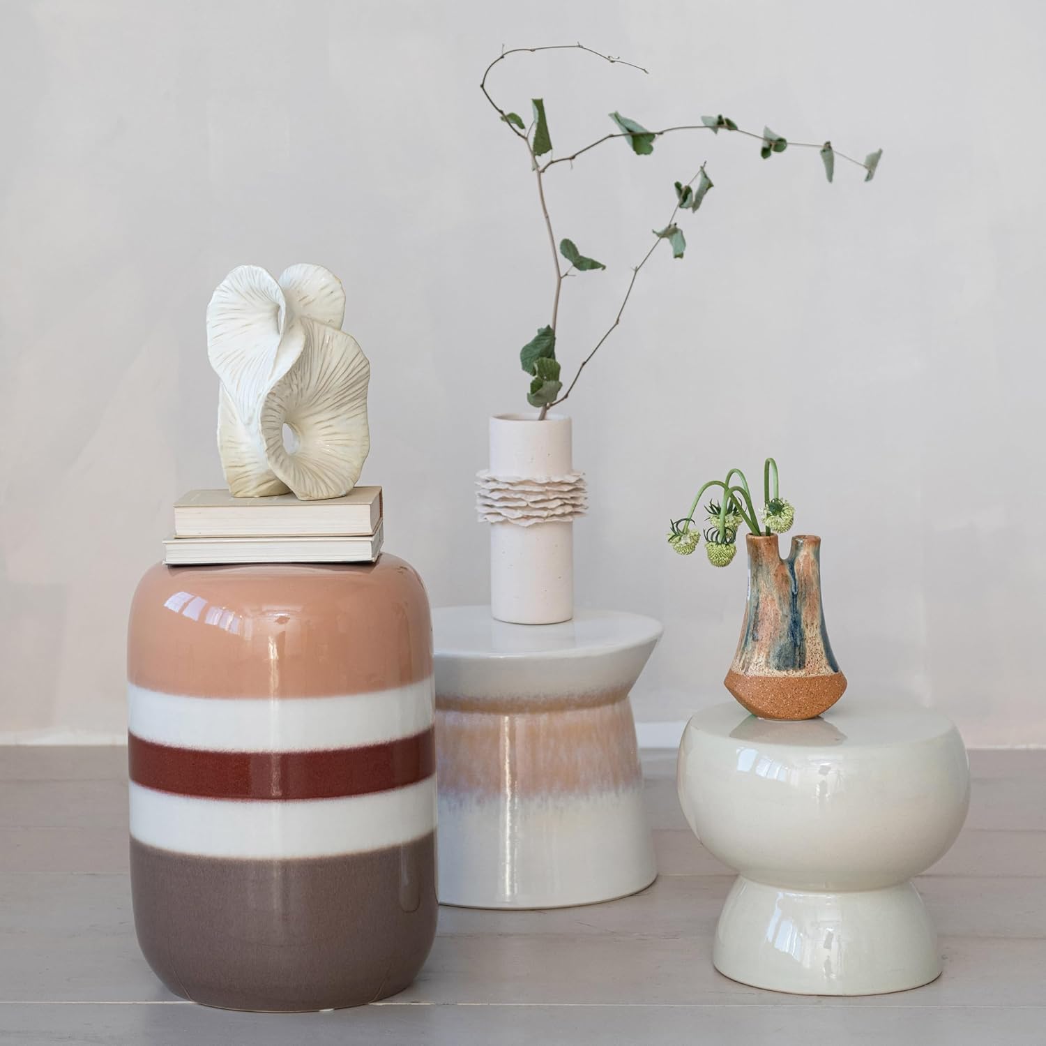 Bloomingville Stoneware Stool Table with Stripes, and Reactive Glaze, Multicolor