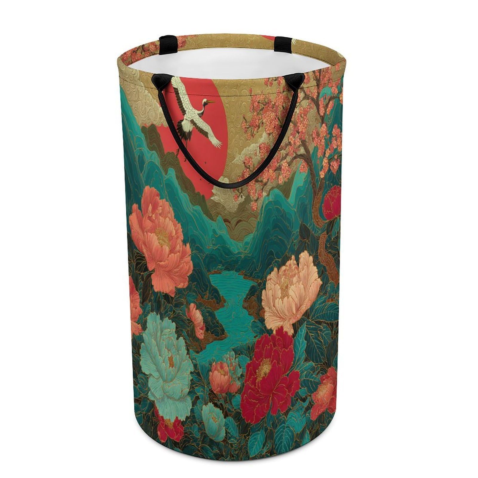 LUYYSKY Beautiful Elegant Animal Crane Versatile Storage Laundry Basket, Vintage Japanese Red Sun Peonies Cherry Blossoms Flowers Large Bathroom Laundry Hamper With Handle-40 CM Dia, 69 CM High