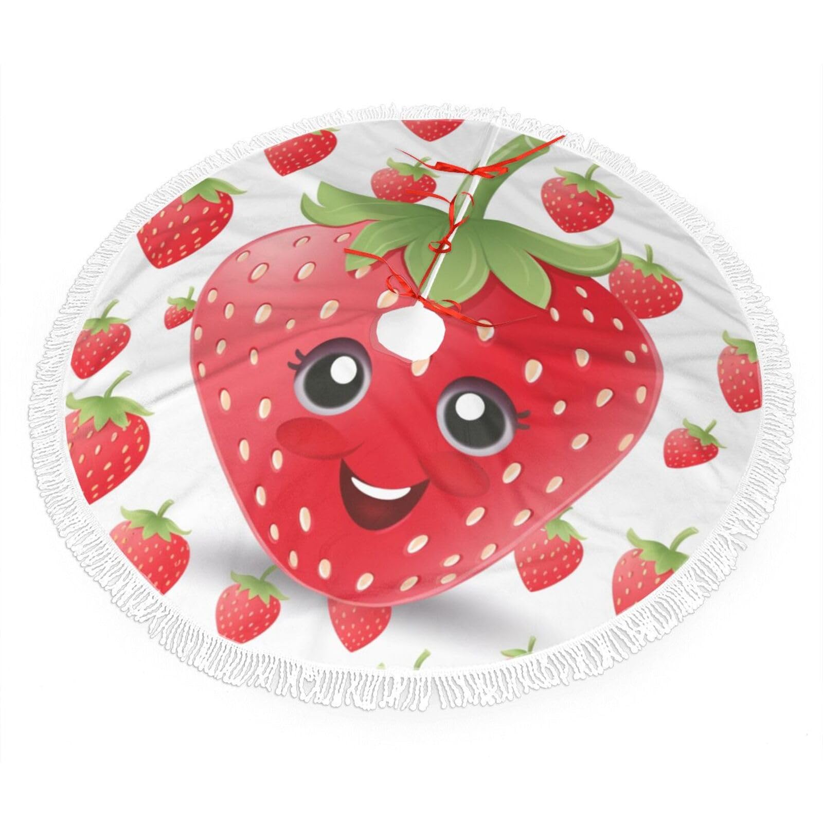 Strawberry Christmas Tree Skirt 36", Soft Plush Xmas Tree Carpet with Tassel Christmas Ornaments Winter Holiday Tree Mat Decoration for Home Party Supplies