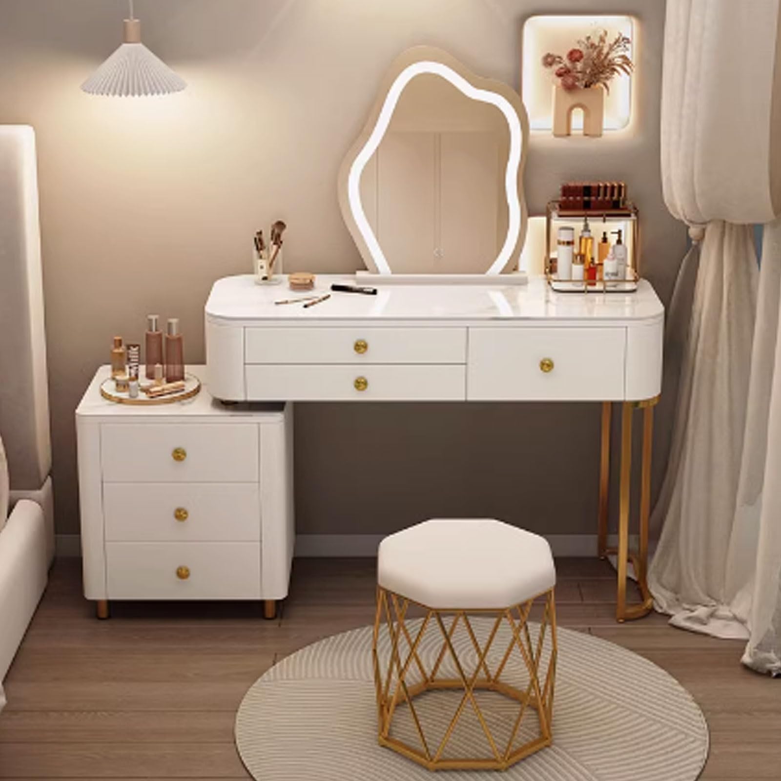 asdchZen Lighted White Makeup Vanity Desk With Birdnest Stool-Elegant Small Vanity Table For Makeup Room Wood & Slate Materials 120X40X78Cm Perfect For Beauty Routine