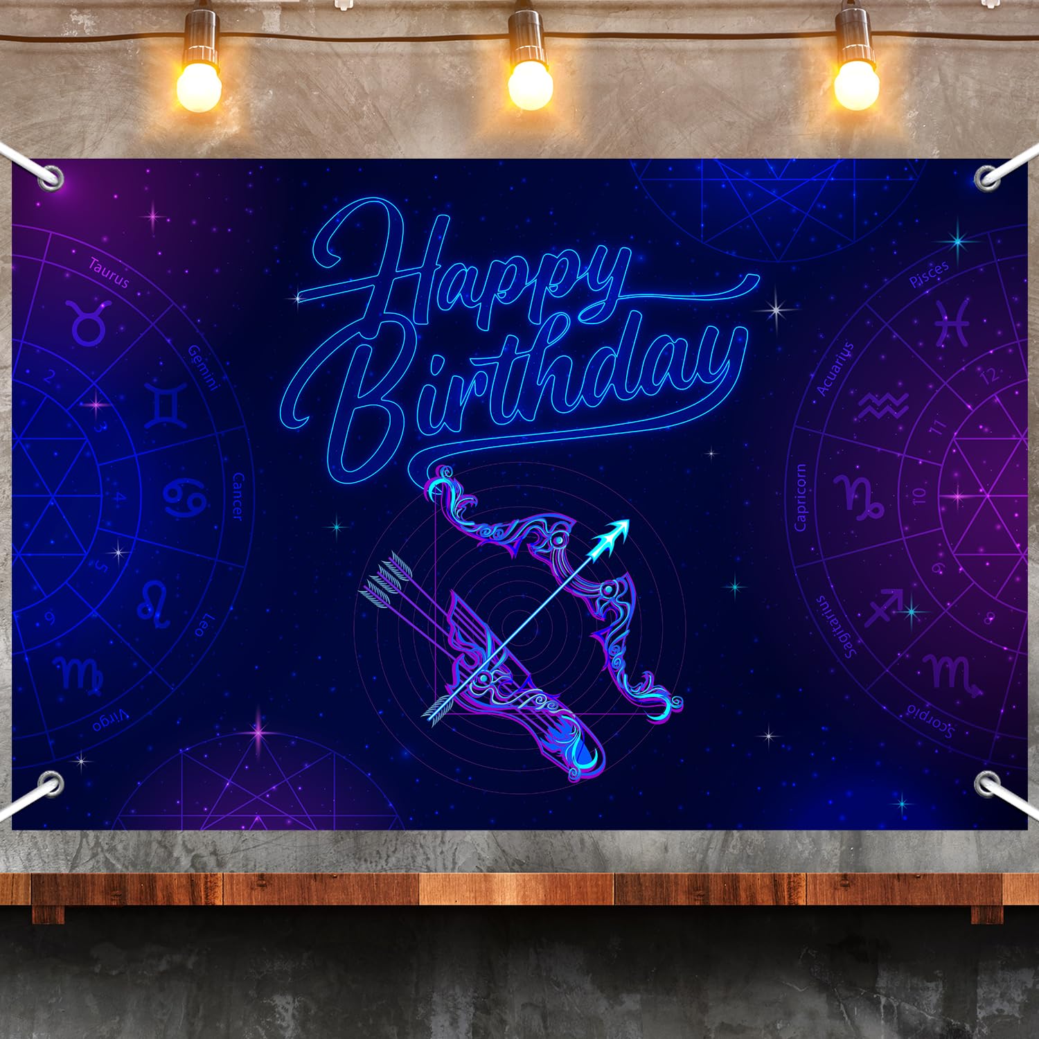 Sagittarius Happy Birthday Backdrop, Blue and Silver Birth Day Background Drapes for Men Women Kids Boys Girls, 12 Constellation Zodiac Theme Birthday
