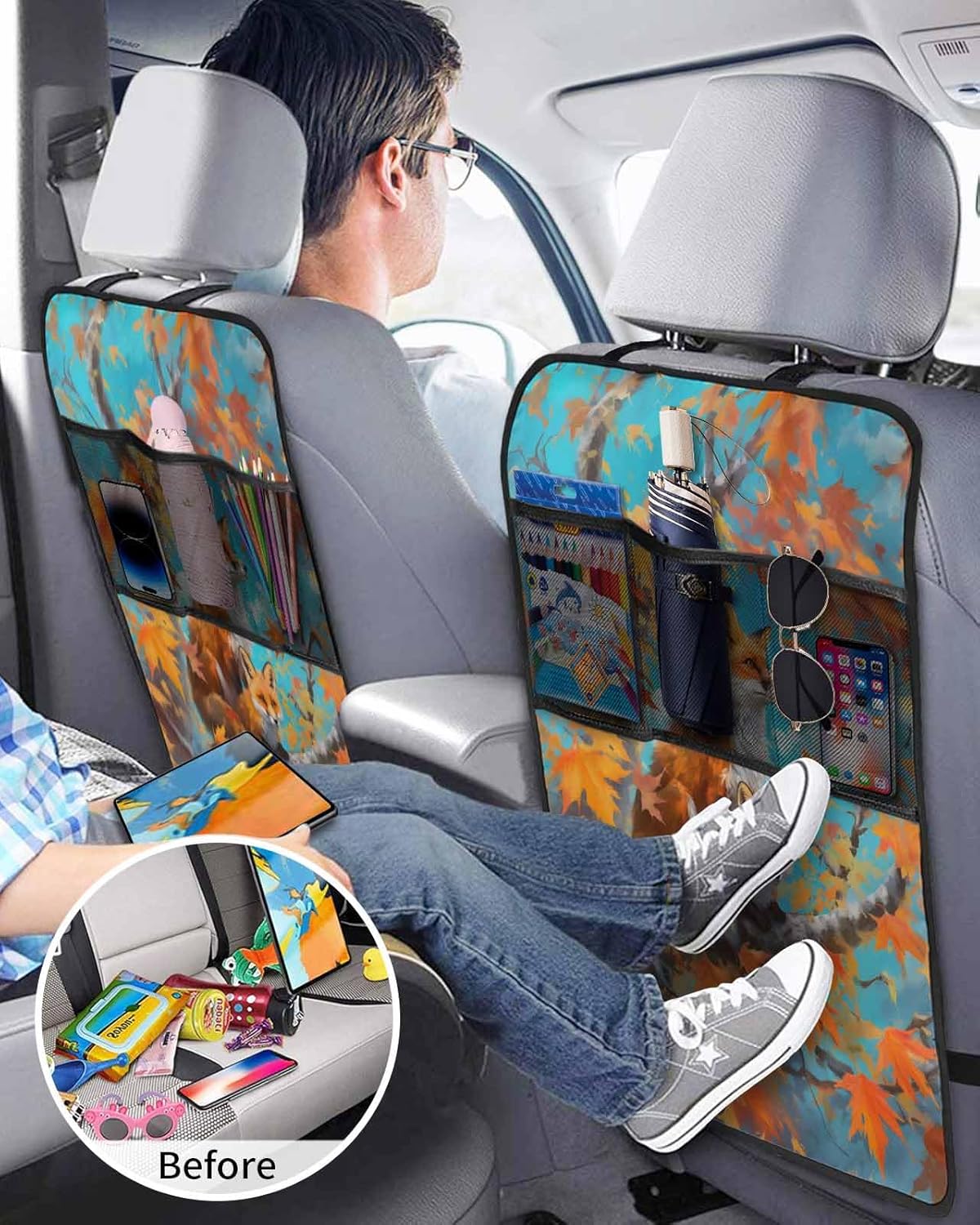 Car Seat Protector, 2 Pack Kick Mats with Organizer - 3 Pocket Storage, Fall Maple Leaf Animal Fox Watercolor Oil Painting Back Seat Cover for Kids Universal Fit Automotive Interior Protectors