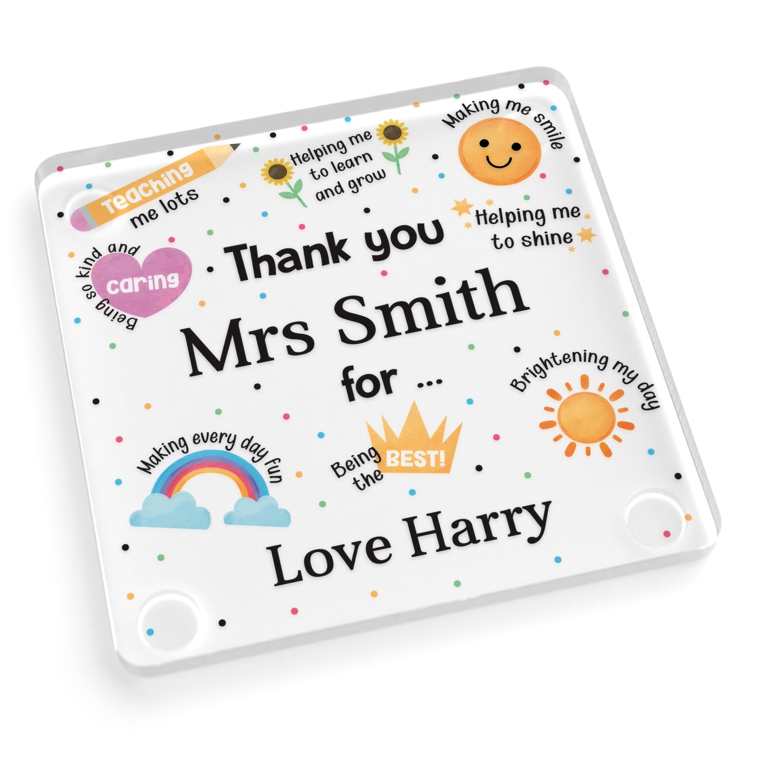 Beecreative Personalised Best Teacher Gifts - Custom Clear Acrylic Square Coaster - Thank You Teacher Present For End Of Year - With Grey Bag