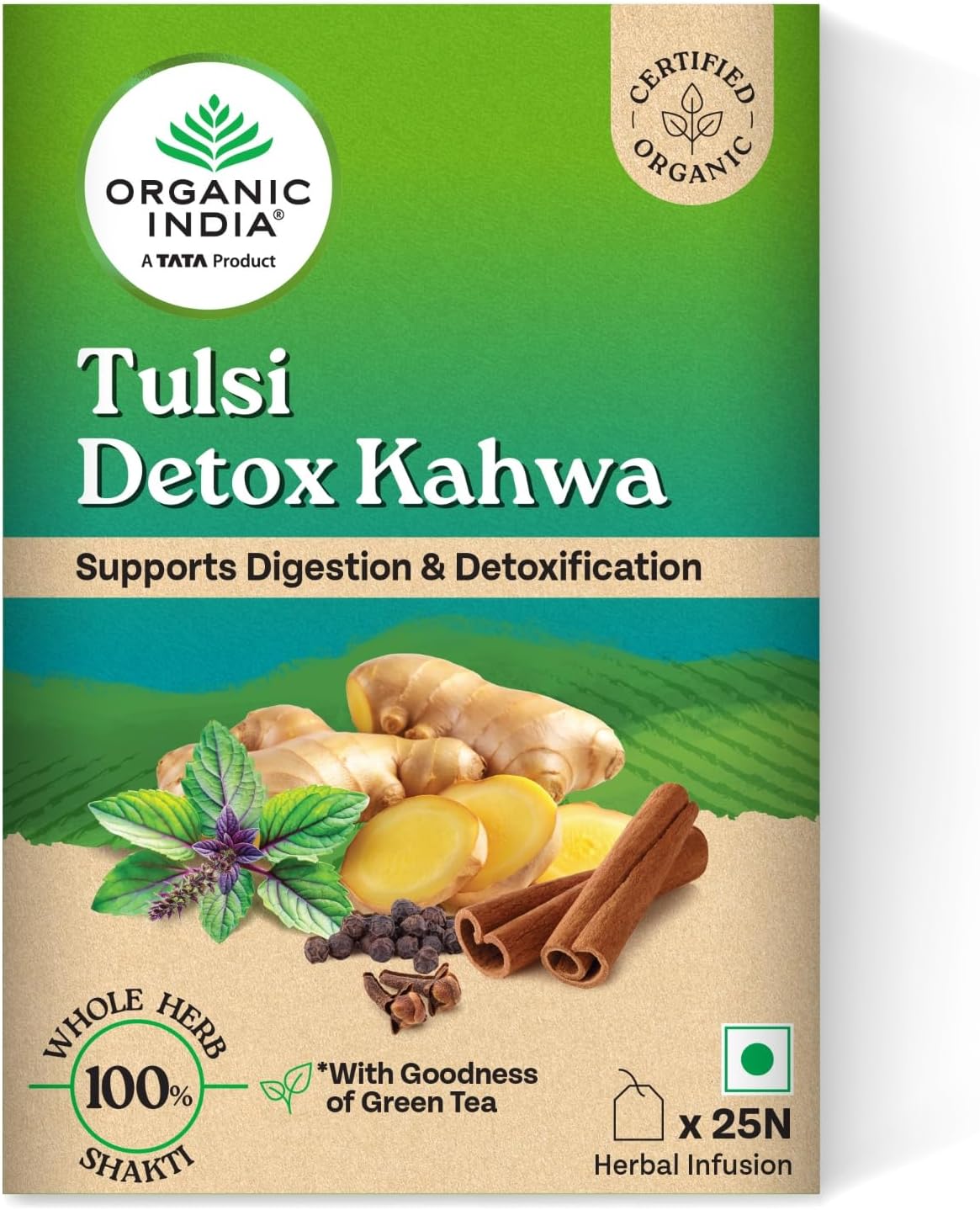 - A TATA Product - Organic India Tulsi Detox Kahwa - 25 Tea Bags, Helps Improve Digestion & Detoxification, Rich in Antioxidants, Made with Tulsi, Ginger, Clove, and Green Tea