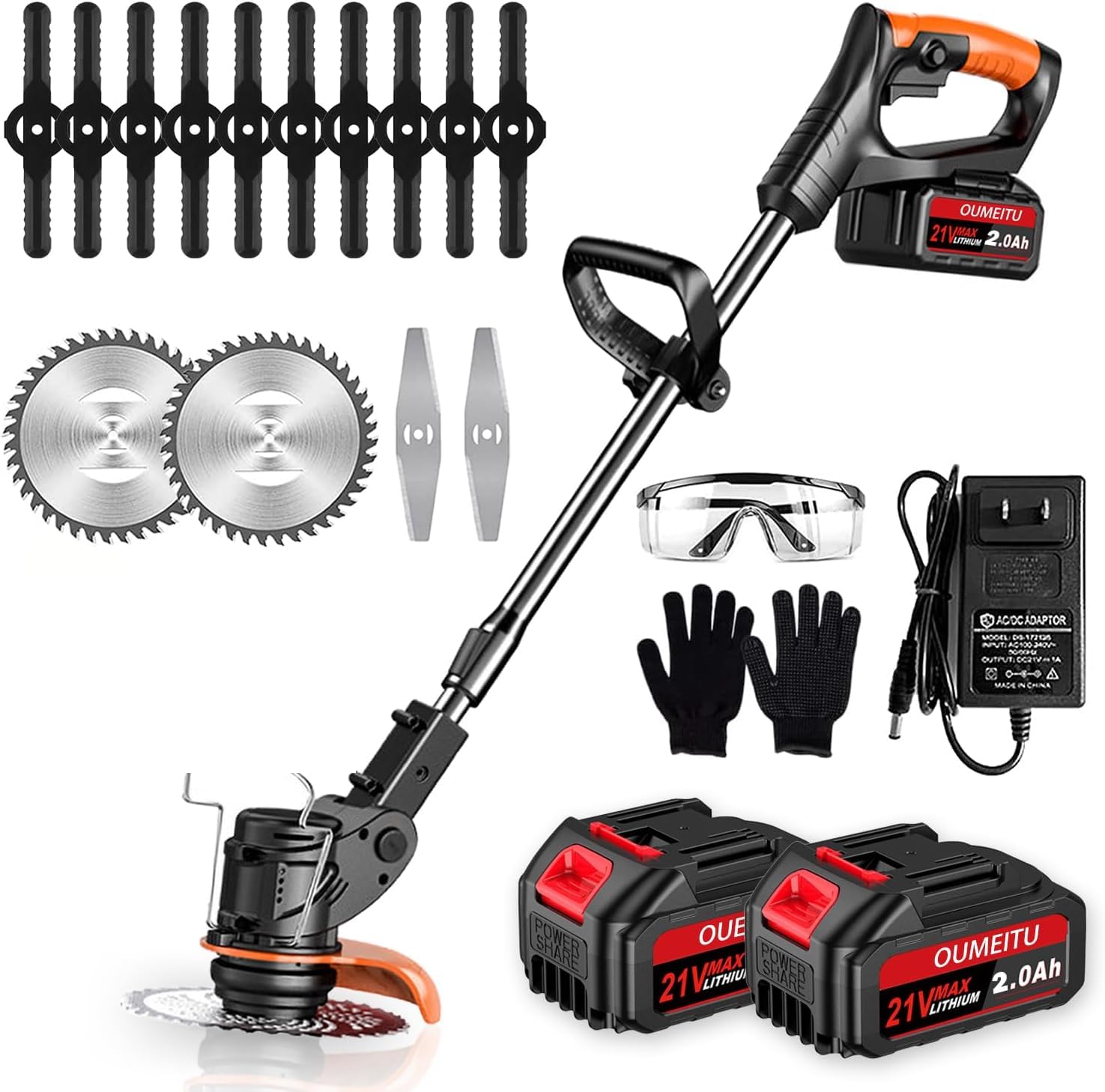 Desbrozadora de batería con batería y cargador, desbrozadora eléctrica de batería de 3 en 1 y desbrozadora de motor con batería y césped con 2 baterías de 2.0Ah y cuchilla metálica, desbrozadora de