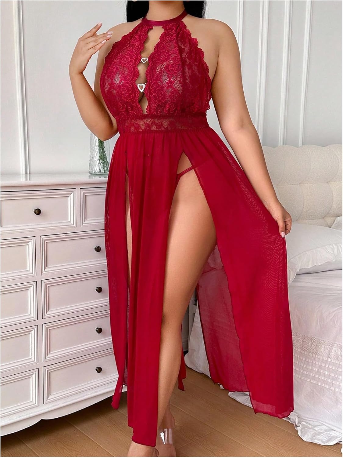 SHENHE Women's Plus Size Lingerie Lace Babydoll Chemise Sexy Mesh Halter Neck Nightwear Split Nightgown