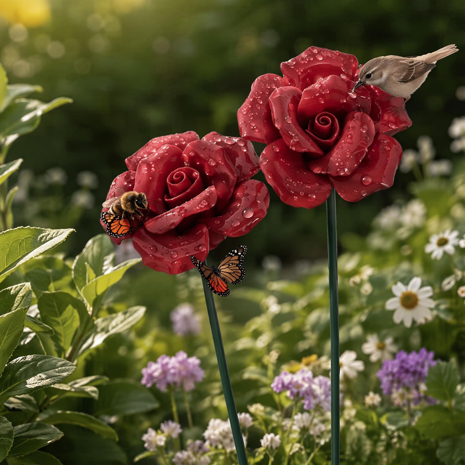 Ceramic Flowers for Bees, Bee Watering Station for Garden, Colorful Flower Bee Water Feeder and Butterfly Bird Bath Small Outdoor Garden Stake Yard Art Decor Gift for Patio Lawn Balcony Pots