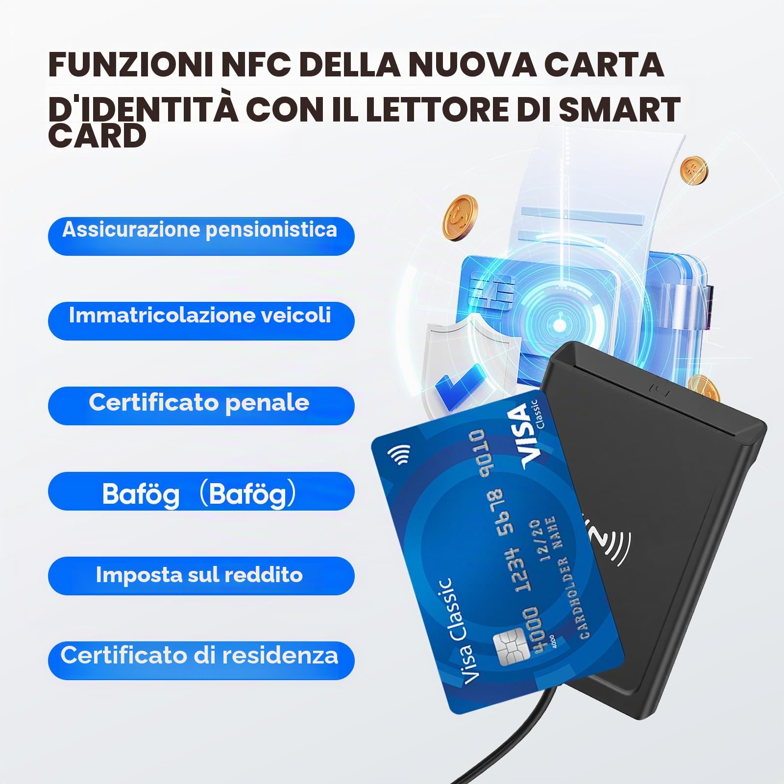 Lettore Smart Card Firma Digitale con NFC, Lettore CIE 3.0 Carta d'Identità e Tessera Sanitaria, Lettore di Smart Contatto e Contactless CIE/CRS/CNS, Compatibile con Windows7/8.1/10/11,Linux (nera)