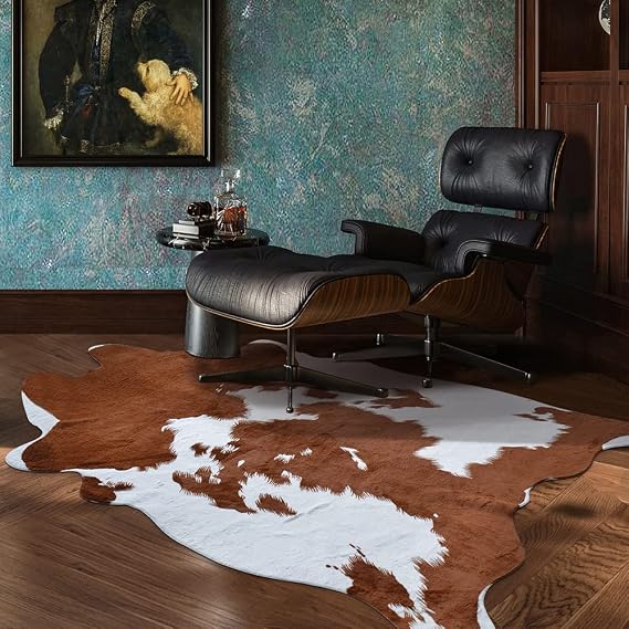 Rugoo Faux Cowhide Rug - 8.3 ft x 6.2 ft Cow Print Faux Fur Rug for Living Room, Bedroom, Nursery - White and Brown