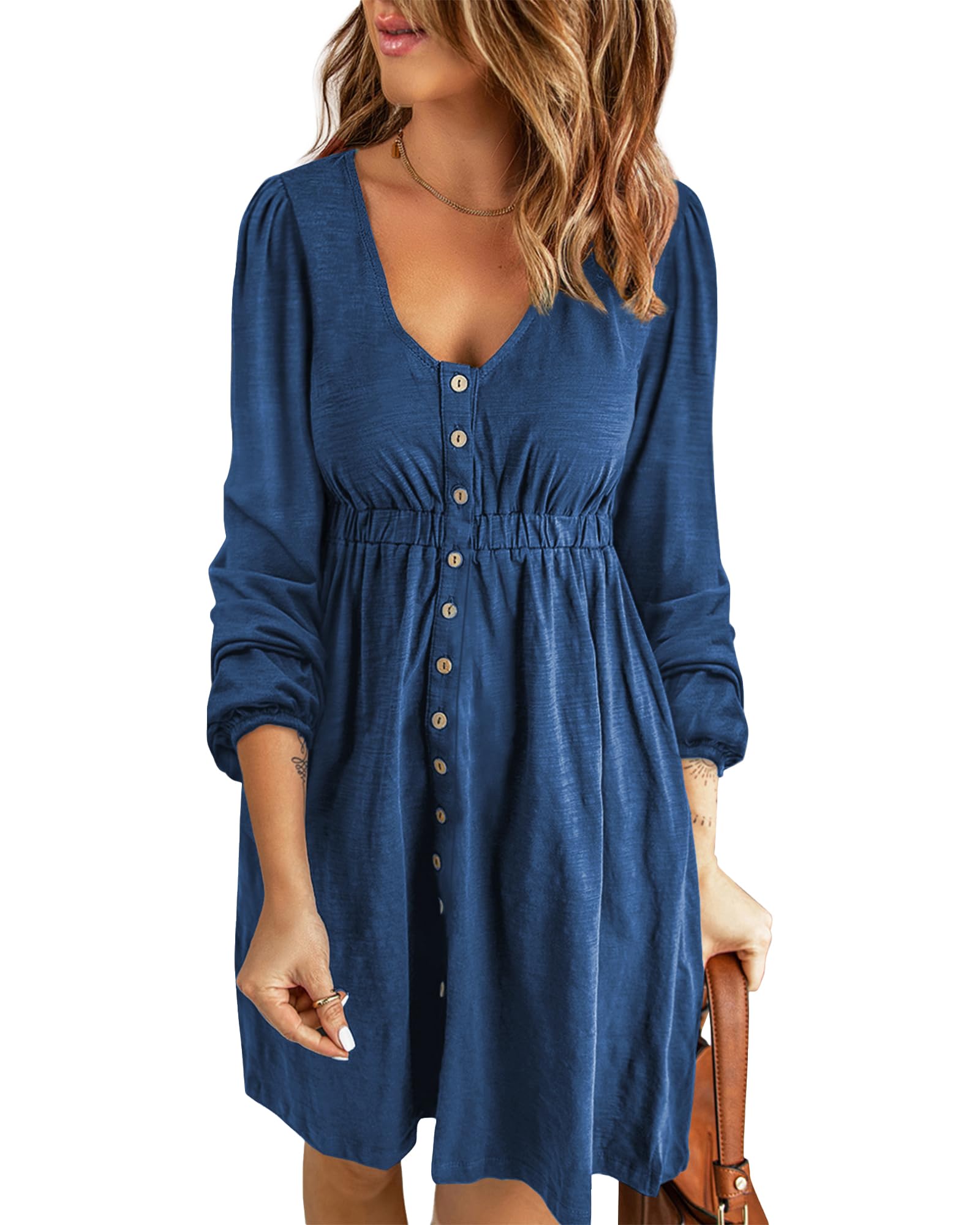 BTFBM Women 2023 Casual Button Down Summer Fall Dresses Long Sleeve Crew Neck Solid High Waist Short Tunic Mini Dress size XL