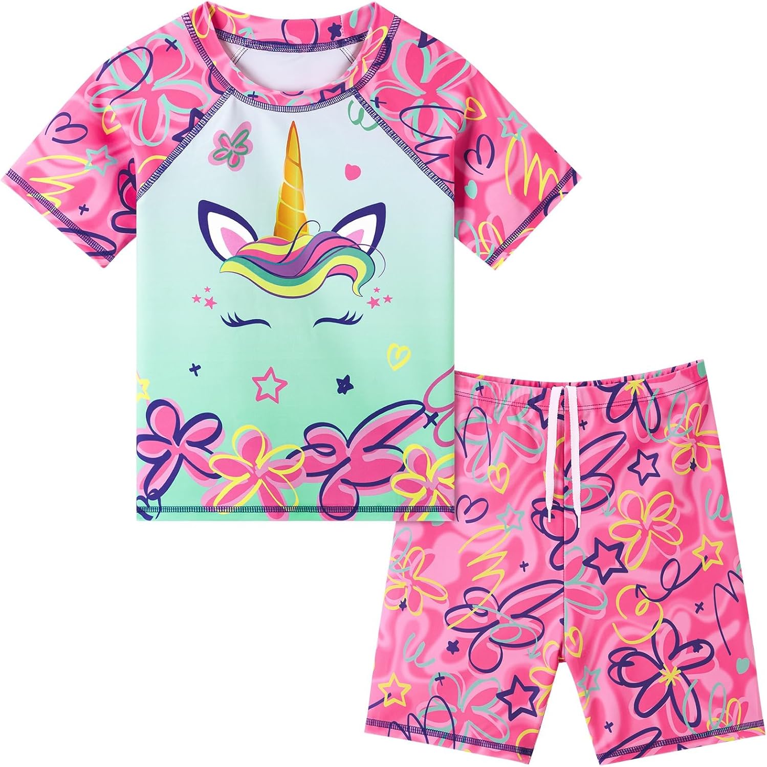 WAWSAM 2 Pieces Girls Rash Guard Toddler Swimsuit Girl Swimsuit Short Sleeve Bathing Suit for 3-6 Years WAWSAM 2 Pieces Girls Rash Guard Toddler Swimsuit Girl Swimsuit Short Sleeve Bathing Suit for 3-6 Years