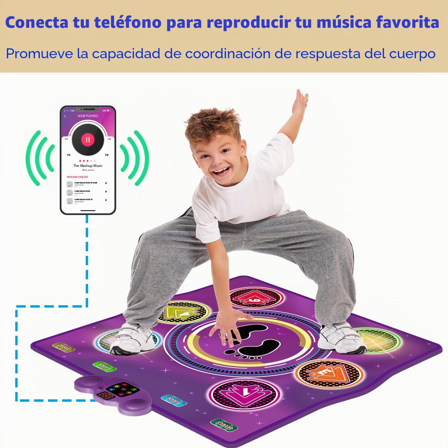 Alfombra de Baile Musical electrónica actualizada con 6 Teclas Luminosas, 6 Modos de Juego, conexión Type-C o Pilas, música Desde el móvil, para niños de 3 a 12 años, cumpleaños