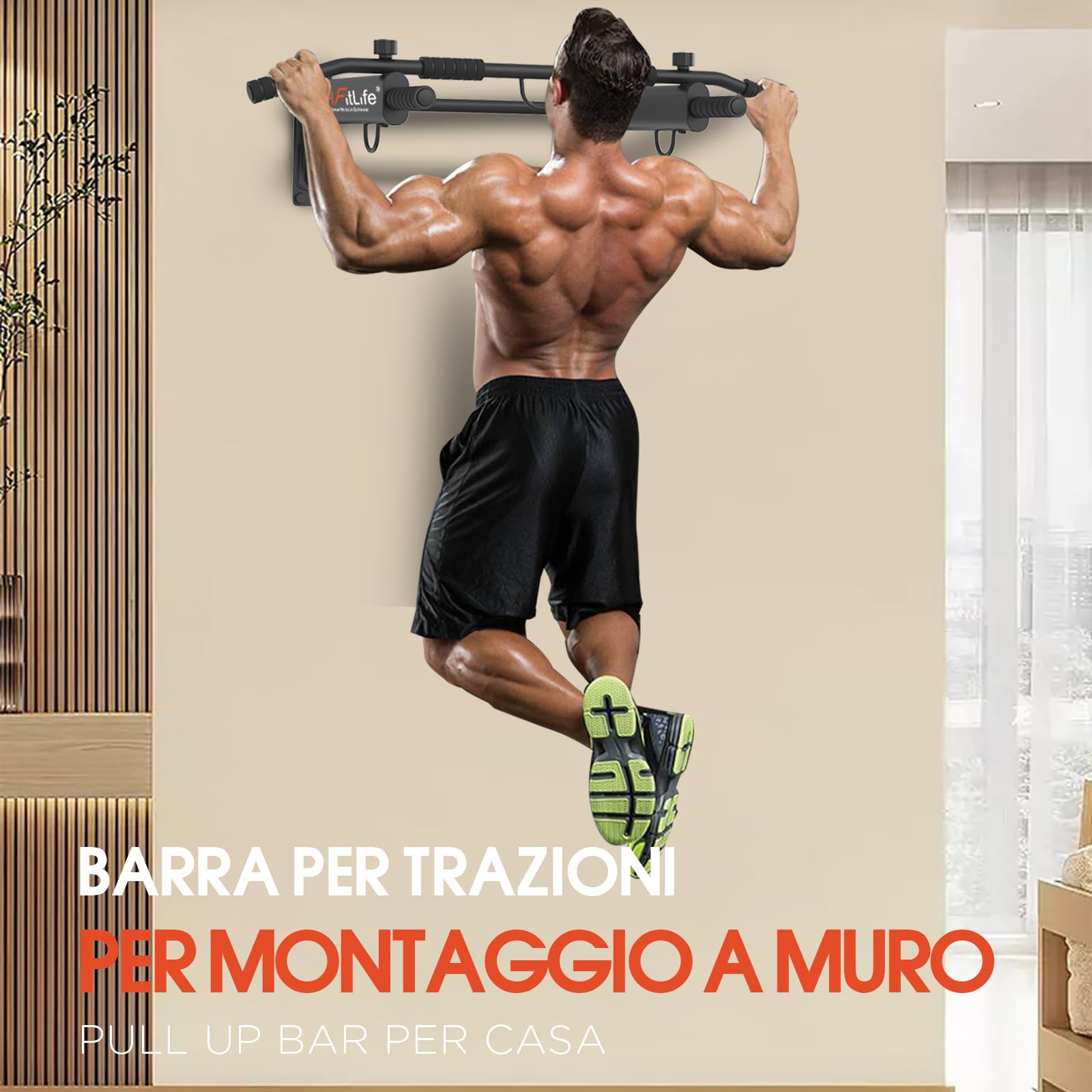 DH FitLife Sbarra Trazioni a Muro 4 in 1 con Tasselli ad Espansione, Pull-Up Bar Multifunzione per Casa, Stabile fino a 200kg | 6 Impugnature Antiscivolo | 3 Occhielli per Sacco Boxe & Sling Trainer
