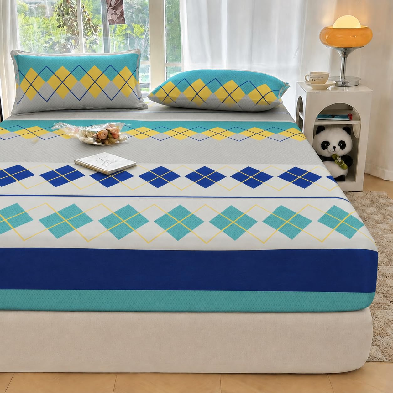 VOMZER 320 TC Cotton Feel All Around Elastic Fitted Printed Bedsheets King Size, Premium Elastic Fitted King Size Bed Sheet for Double Bed with 2 Pillow Covers, Size- 78 x 72 (Blue Box)