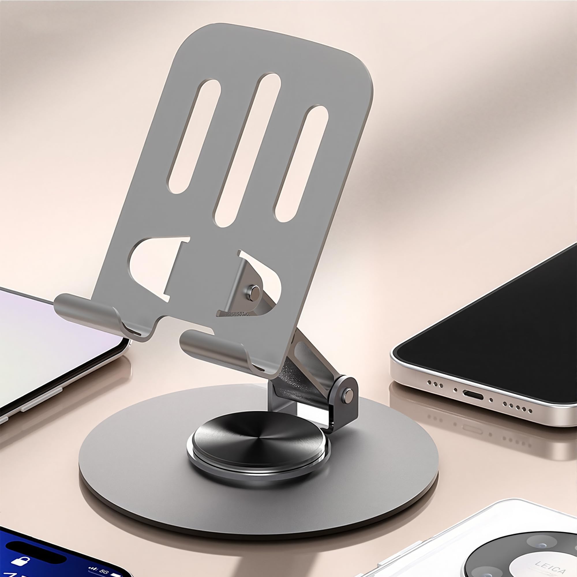 Rotating Cell Phone Stand Adjustable Foldable Desktop Phone Holder Compatible with Smartphones 4.7 to 8 Inch Gray