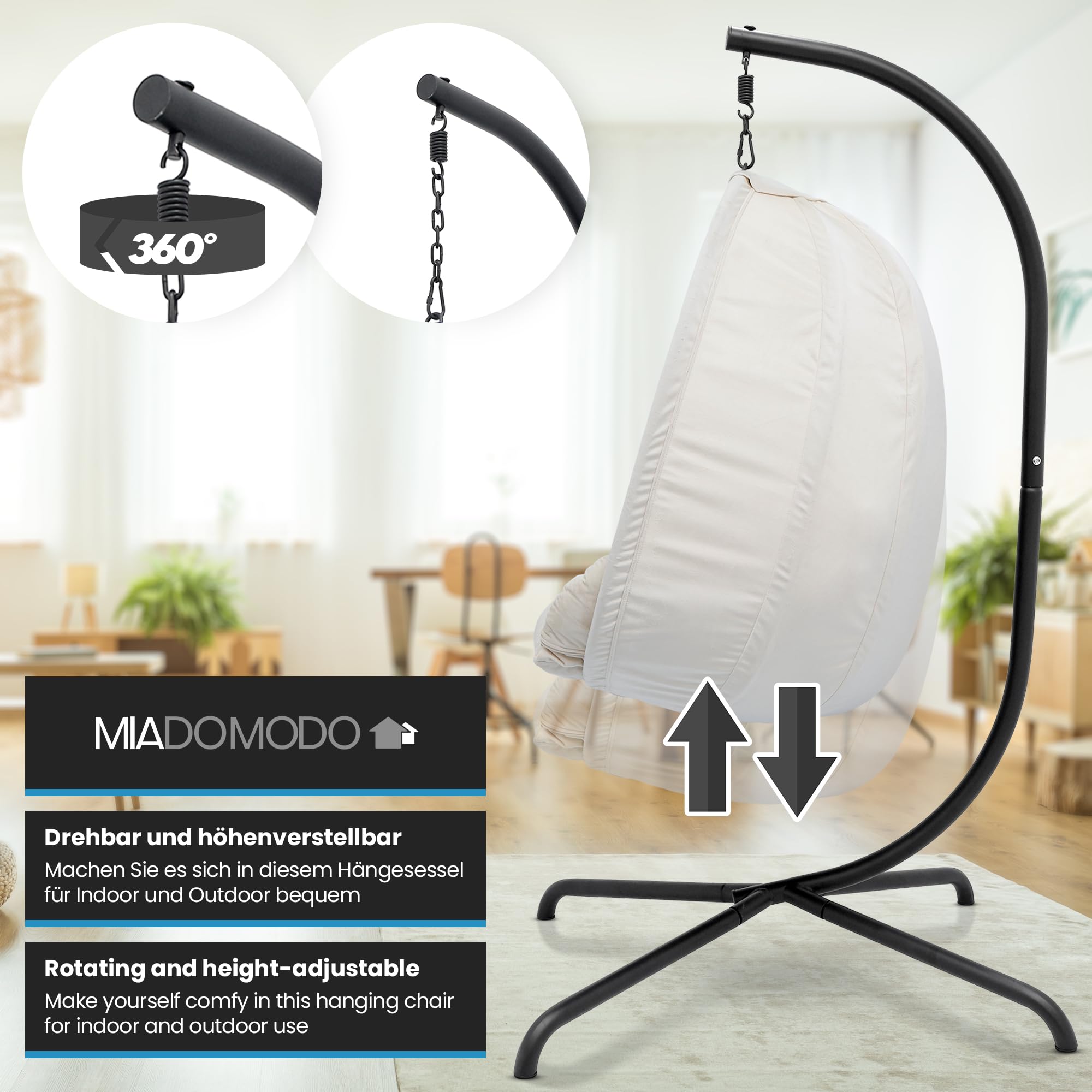 MIADOMODO® Fotel wiszący - ze stojakiem i poduszką, regulowana wysokość, żelazna rama, maks. obciążenie 160 kg - huśtawka wisząca kosz, wewnątrz/na zewnątrz, ogród, taras (Beżowy)