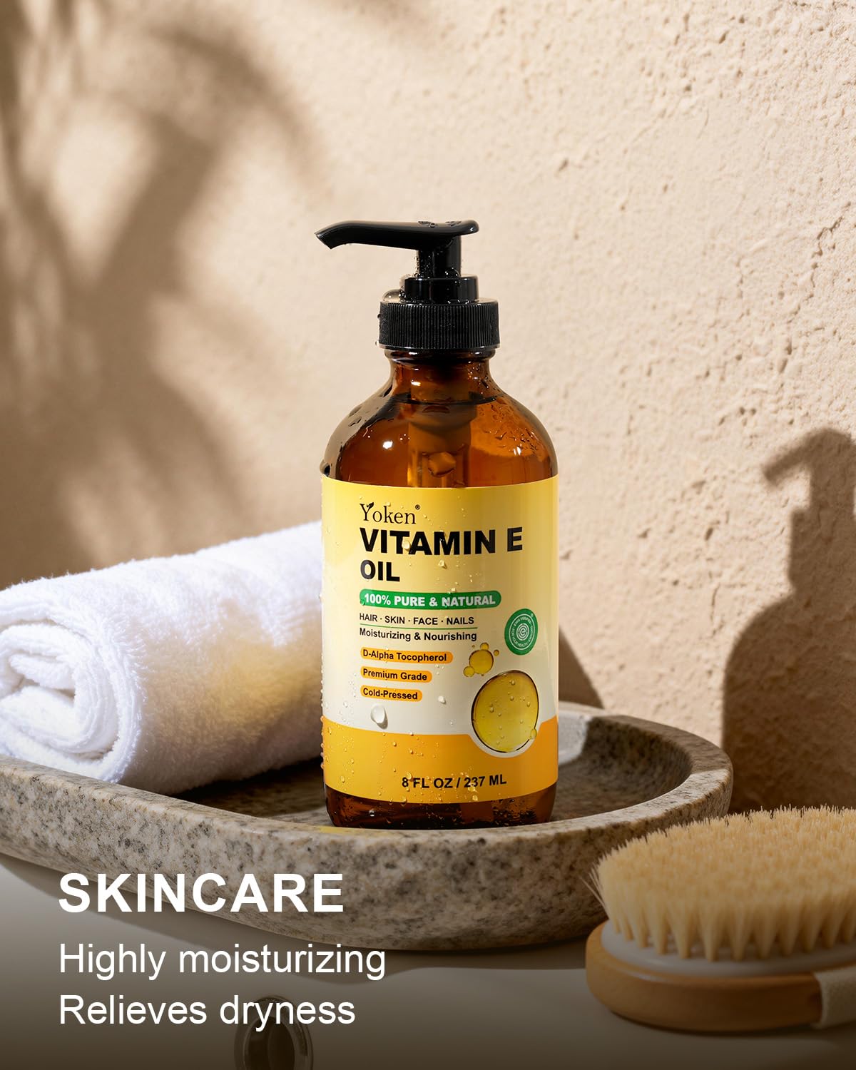 Yoken Vitamin E Oil for Skin, Face, Body, Hair, Vit e oil Glass Bottle, Pure & Natural Aceite de Vitamina e para la cara, Cold-Pressed D-Alpha Tocopherol Deep Moisture Lightweight Non-Greasy