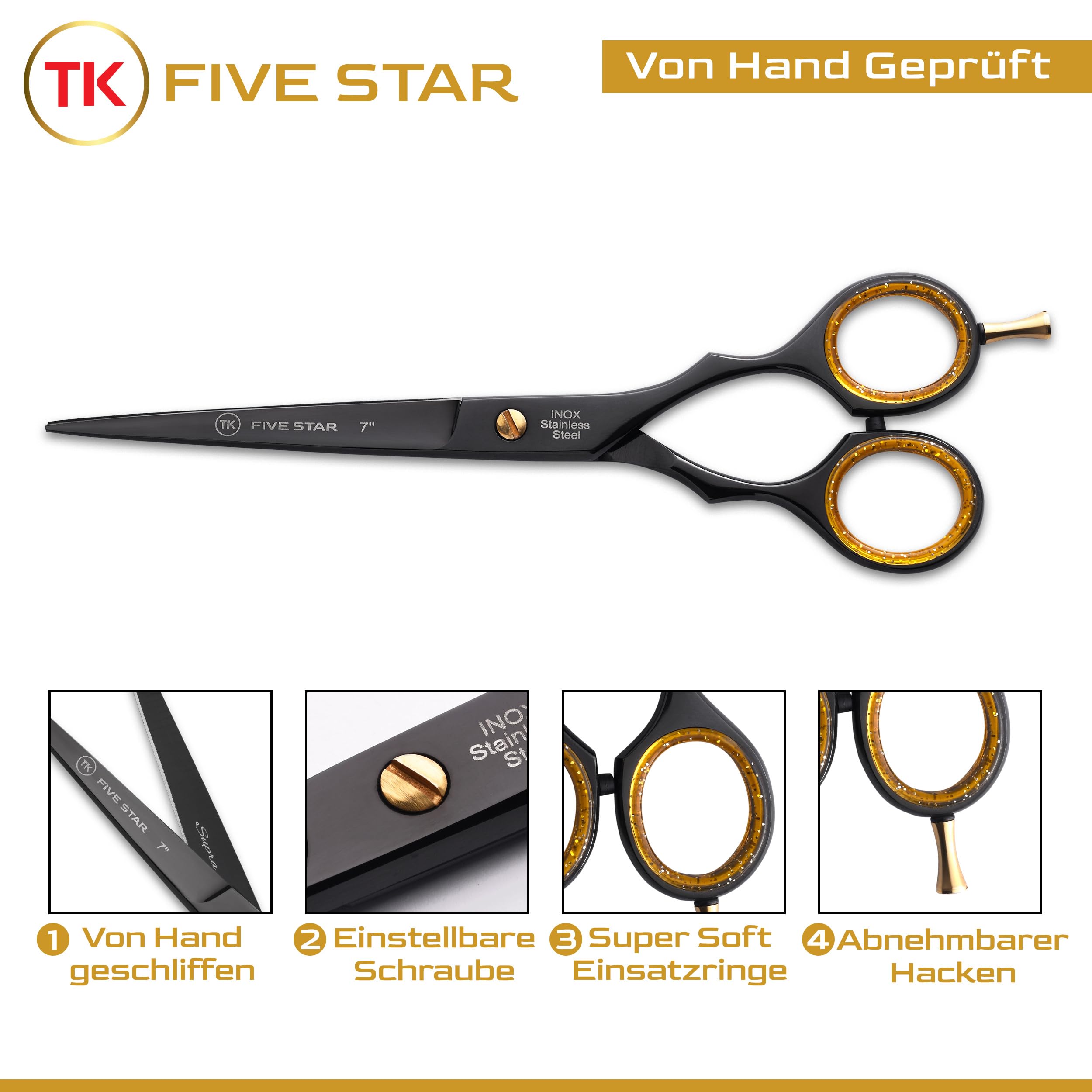 TK FIVE STAR Supra Premium 7" extra scharfe Friseurschere Haarschere Haarschneideschere für Damen Herren Friseure und Salons für feine und kräftige Haare Rostfrei
