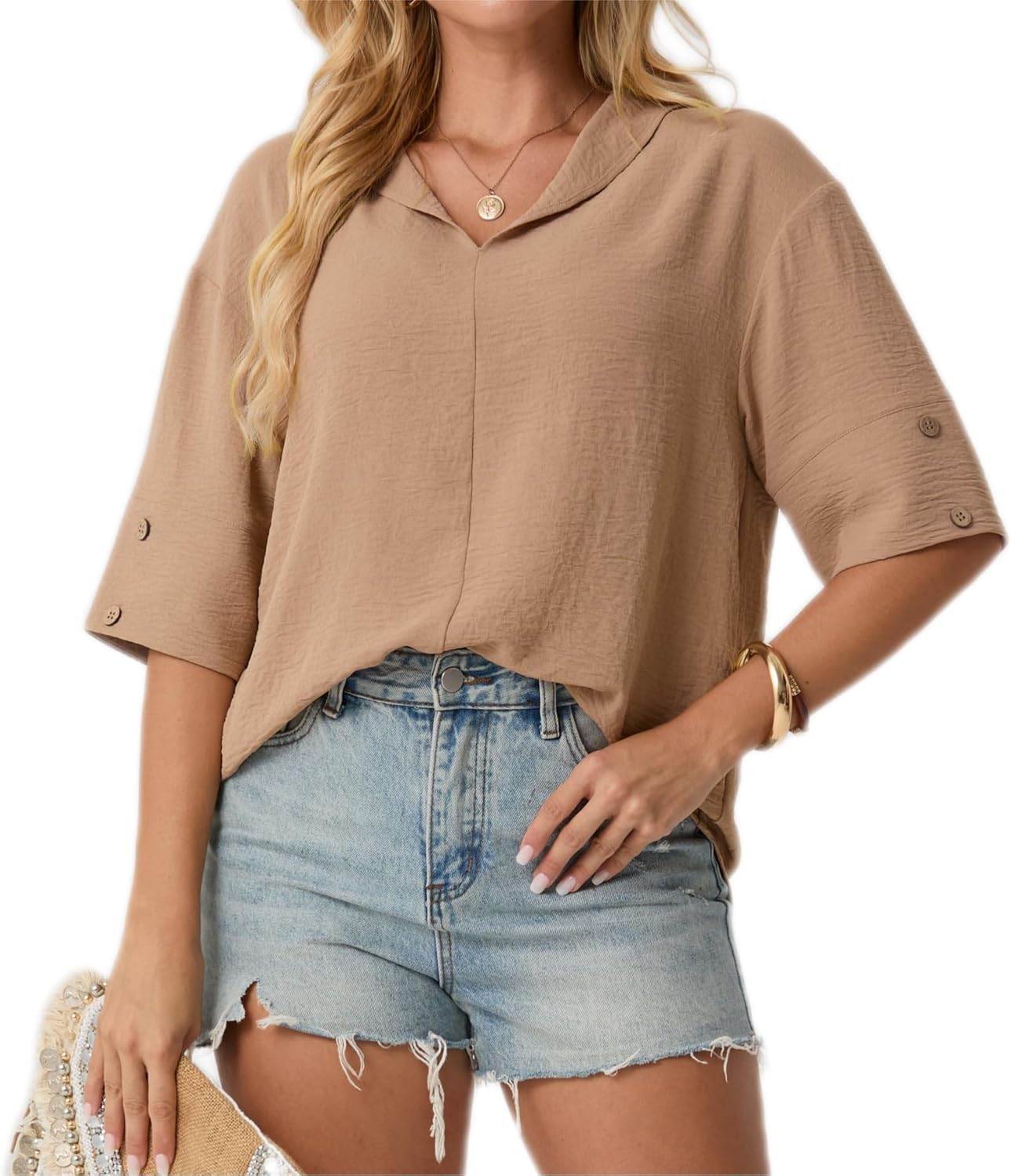 IWOLLENCE Collared Shirts for Women Half Sleeve V Neck Blouse Loose Fit Pullover Summer Tops - Image 4