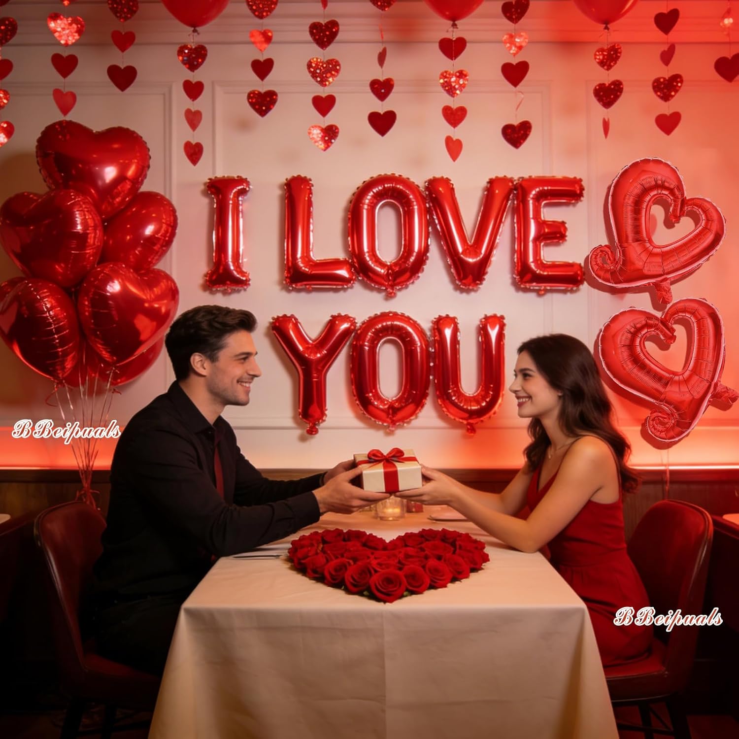 67PCS Valentines Day Party Decorations -16inch I Love You Balloons and 18inch Heart Balloons & Red Glitter Heart Garland for Wedding, Anniversary, Proposal, Romantic Decor