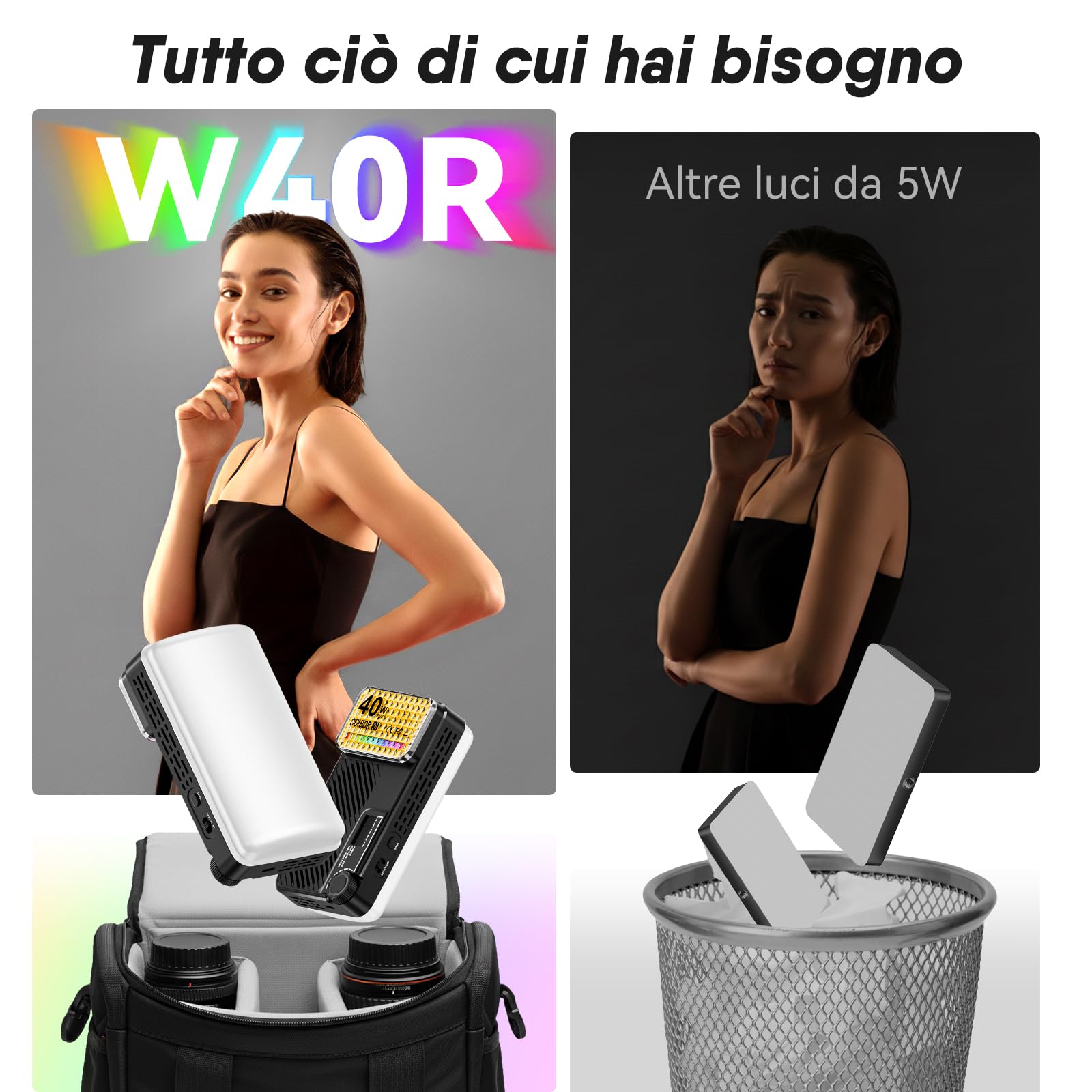 Moman Piccola luce LED per fotocamera da 40 W, Full RGB con diffusore, controllo app, 2500-9000 K, CRI 97+, ricarica rapida USB-C, luce di riempimento portatile per fotografia Sony/Canon/registrazione