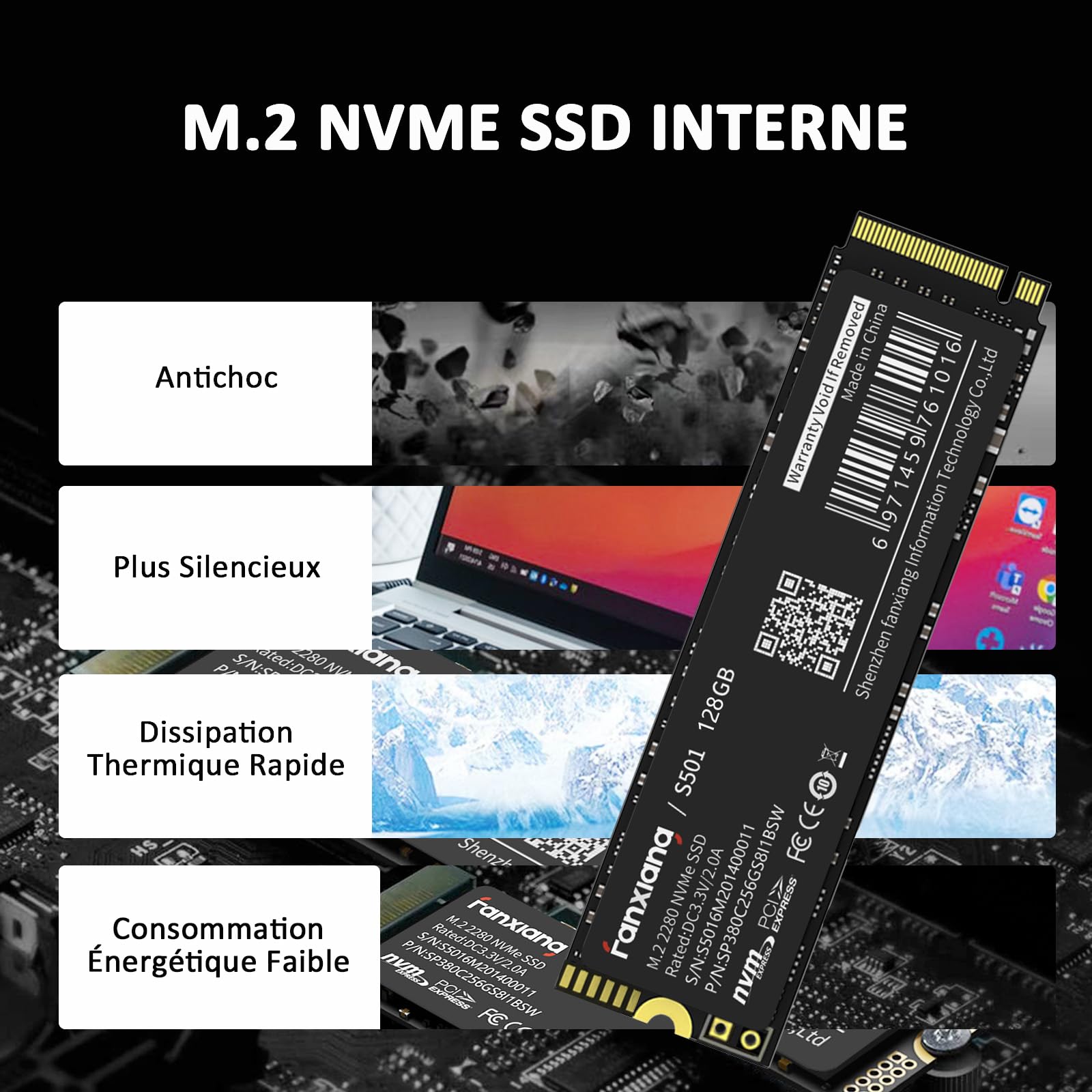 fanxiang S501 SSD NVMe 128Go M.2 PCIe Gen3.0x4 2280 Interne, Jusqu’à 1200 Mo/s en Lecture, Disque Dur SSD Compatible avec Ordinateurs Portables, PC et Ordinateurs de Bureau