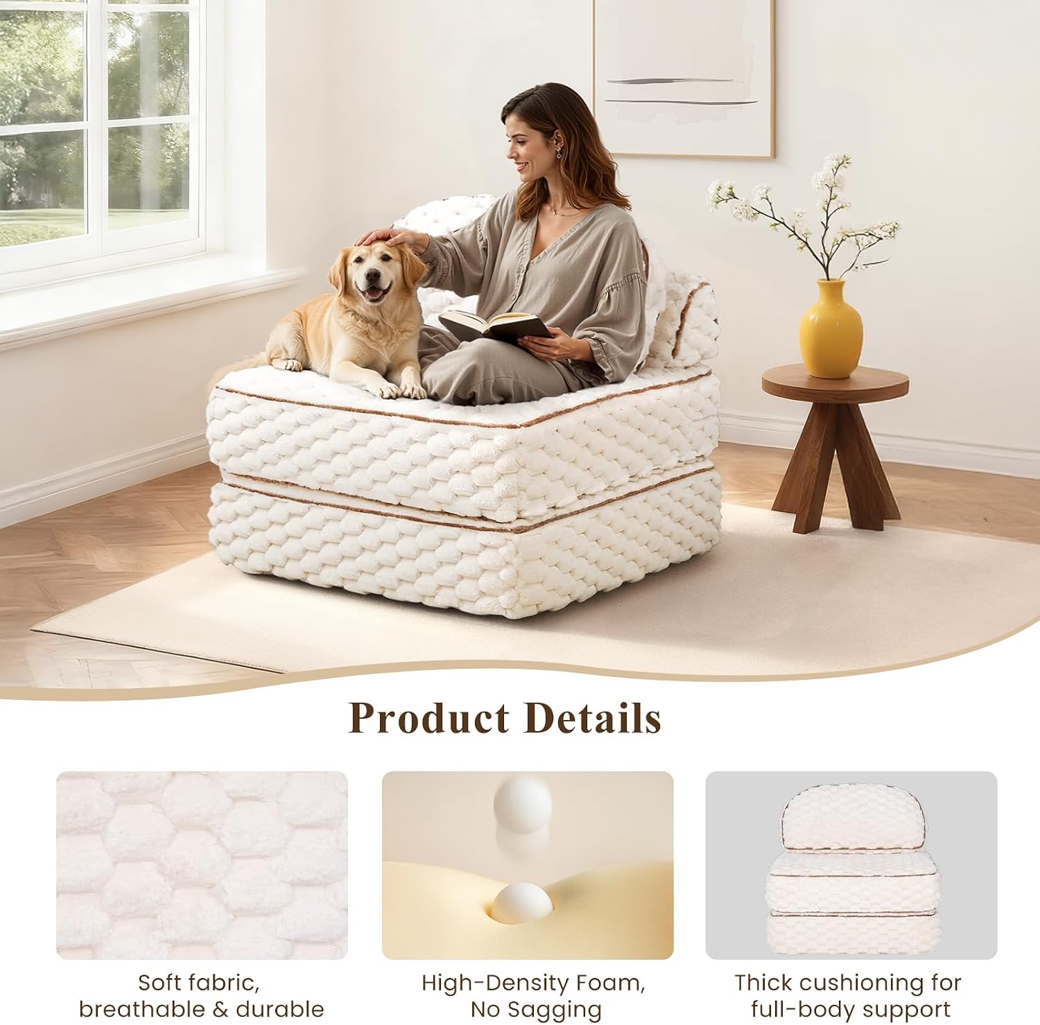 MALOL Folding Sofa Bed, 3-in-1 Convertible Sleeper Chairs with Pillow,Back Support, Fuzzy Fabric Floor Couch Bed for Adults, Boneless Couches Living Room, Bedroom, Apartment,Beige