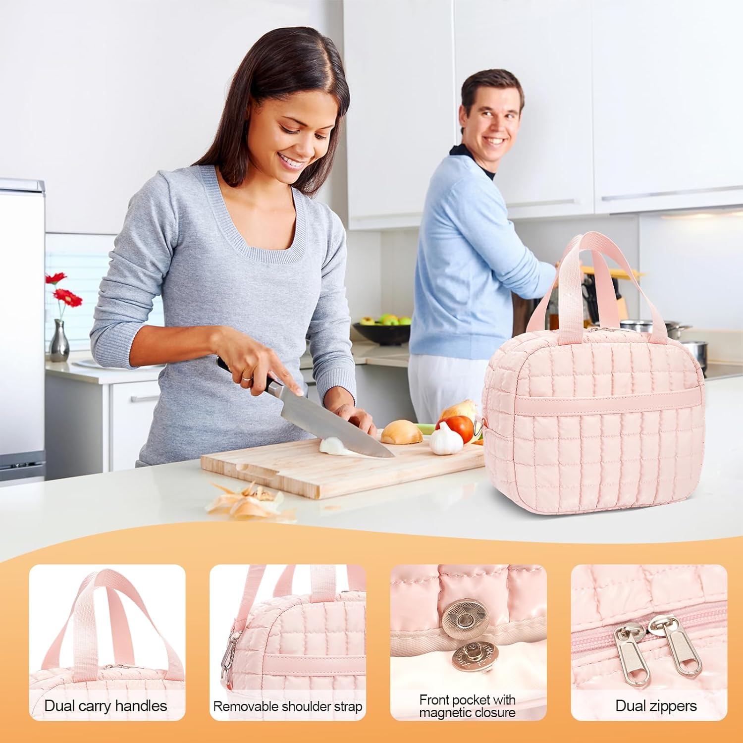 Lunch Box for Women,Quilted Puffer Lunch Bag, Cute Lunch Box with Front Pocket, Insulated Lunch Bag for Office Work，Hand Carry or Crossbody - Image 5