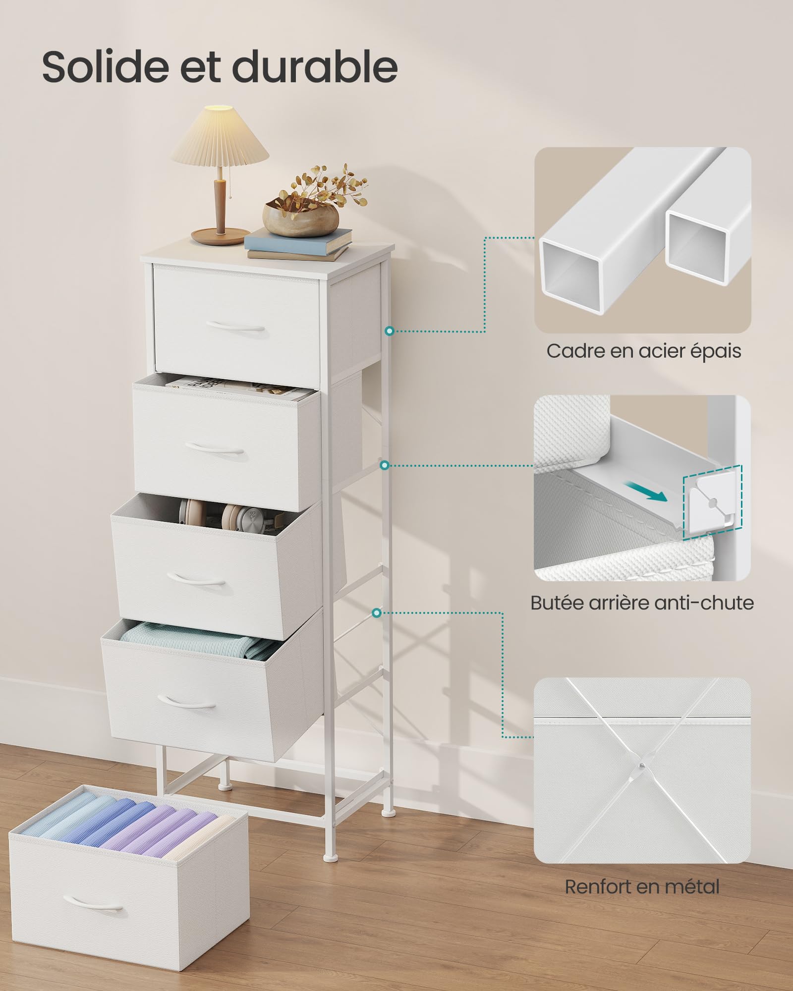 SONGMICS BELLAH Collection - Commode, Meuble de Rangement pour Chambre, Couloir, Entrée, Salon, Cadre en Acier, 5 Tiroirs, Style Moderne, Blanc Nuage et Blanc Neige LGS315WH01