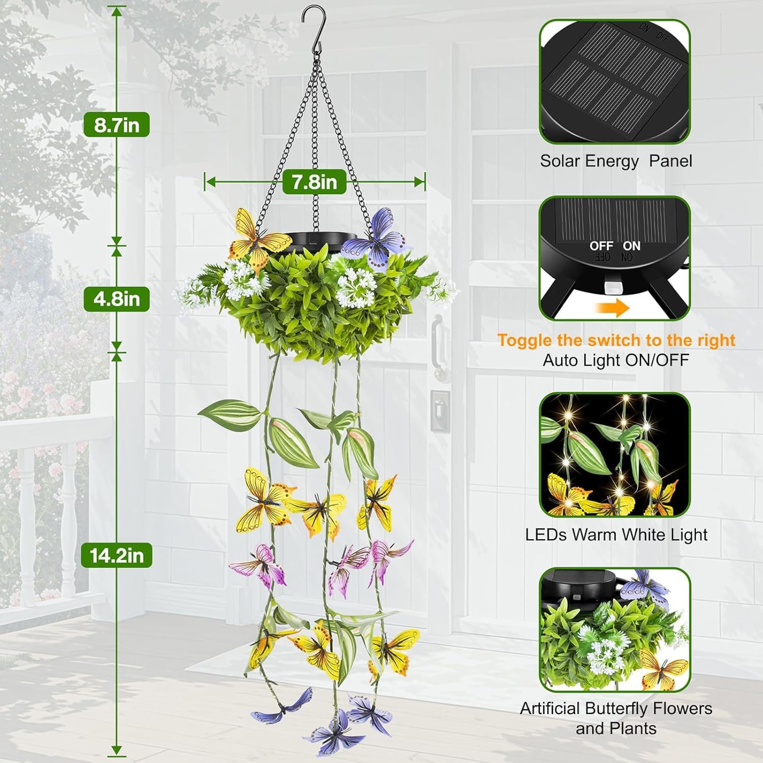 Solarlampen für Außen Hängend Bunt, 2 Stück Hängepflanze Künstlich mit LED Wasserfest Solarleuchten Schmetterling Windspiel Künstliche Pflanzen Wie Echt für Garten Baum Terrasse Deck Hinterhöfe