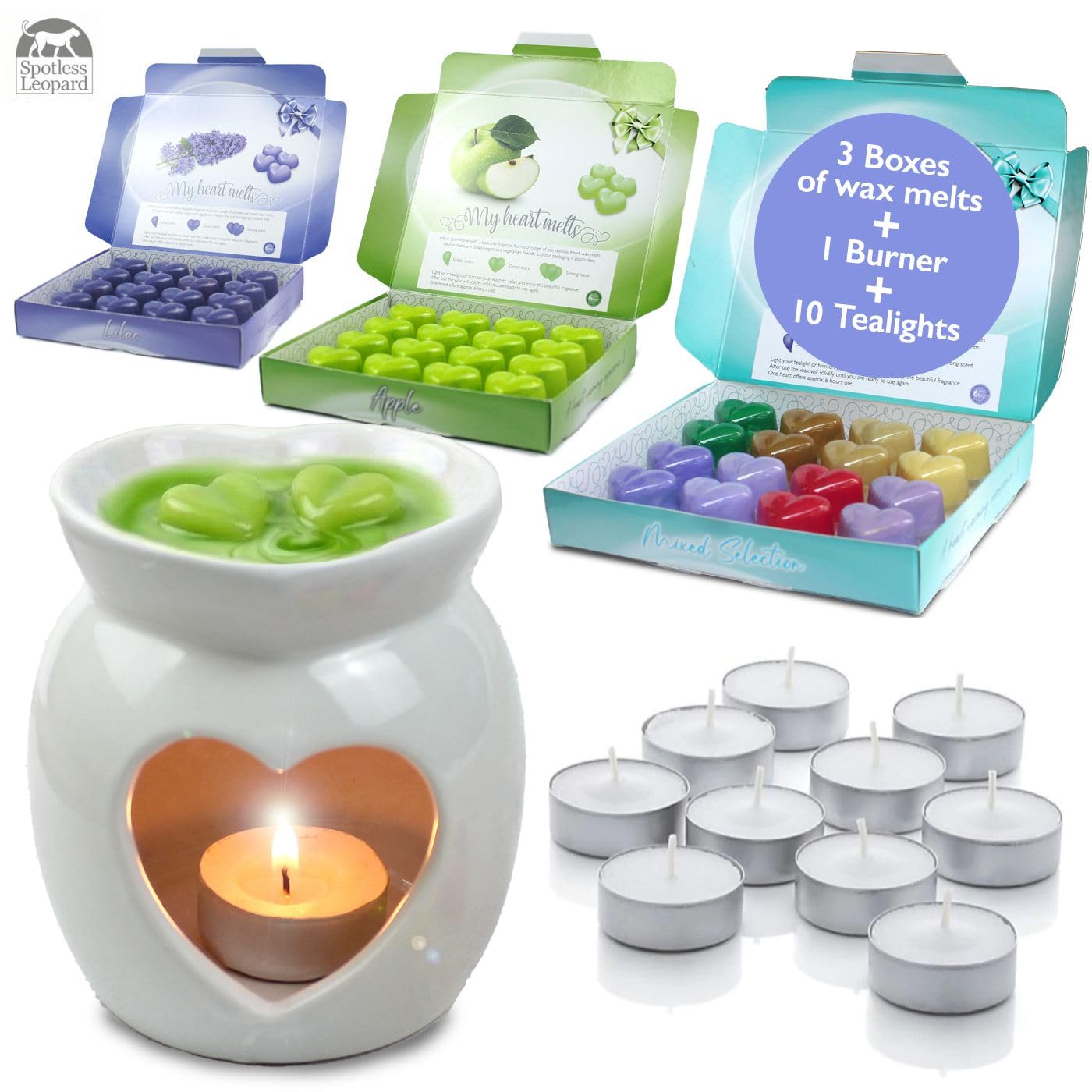 Wax Melts Gift Set: Heart Ceramic Burner, 48 Heart Wax Melts, Apple, Lilac & Mixed Scents, 10 Tealights – Starter Home Fragrance Kit – Birthday, Housewarming Gift for Women & Men by Spotless Leopard