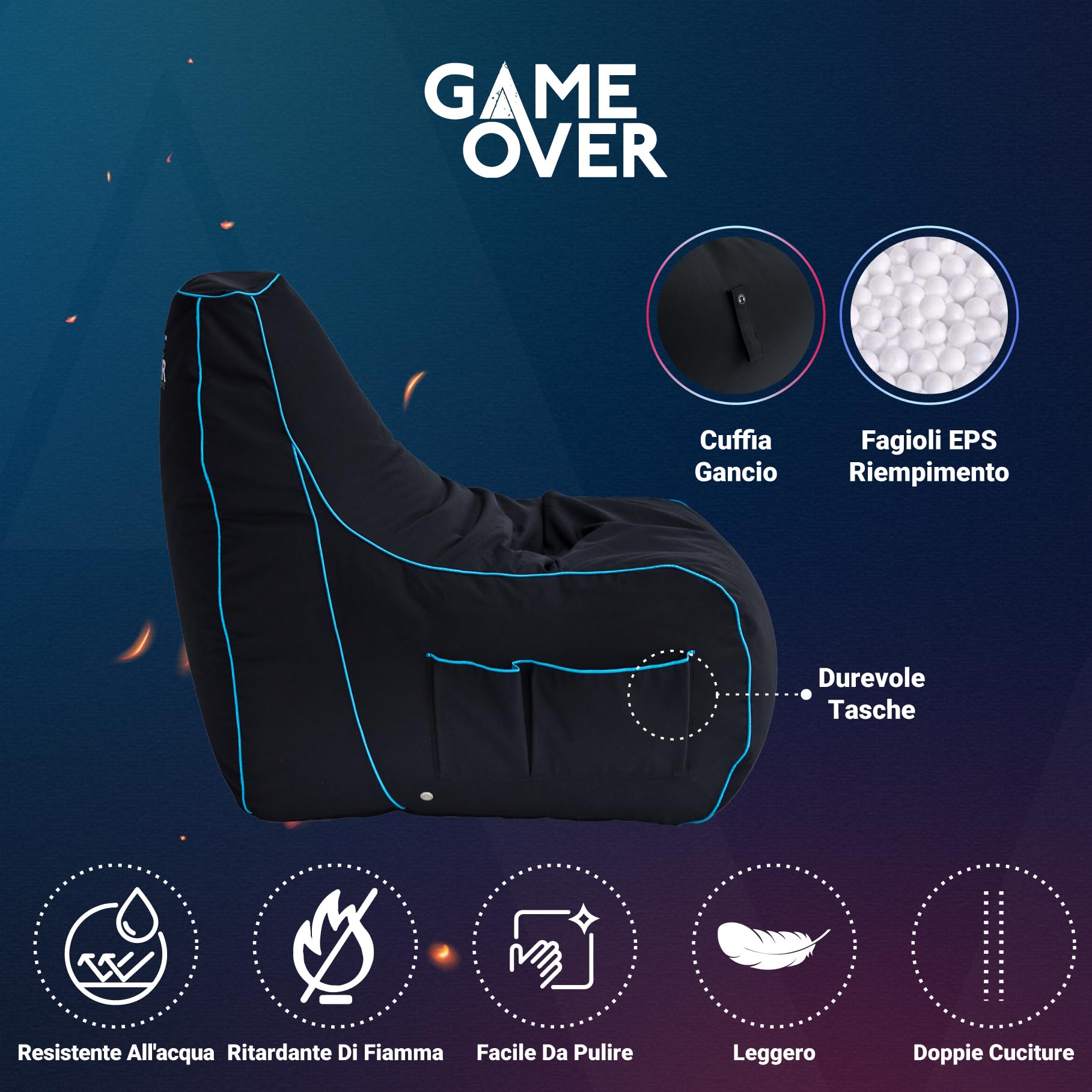 Game Over Poltrona Gaming BeanBag 83x60cm, Resistente all'acqua, Pouf per Interni con Tasche Laterali per i Controller, Comodo Pouf Puff (Lich Blade)
