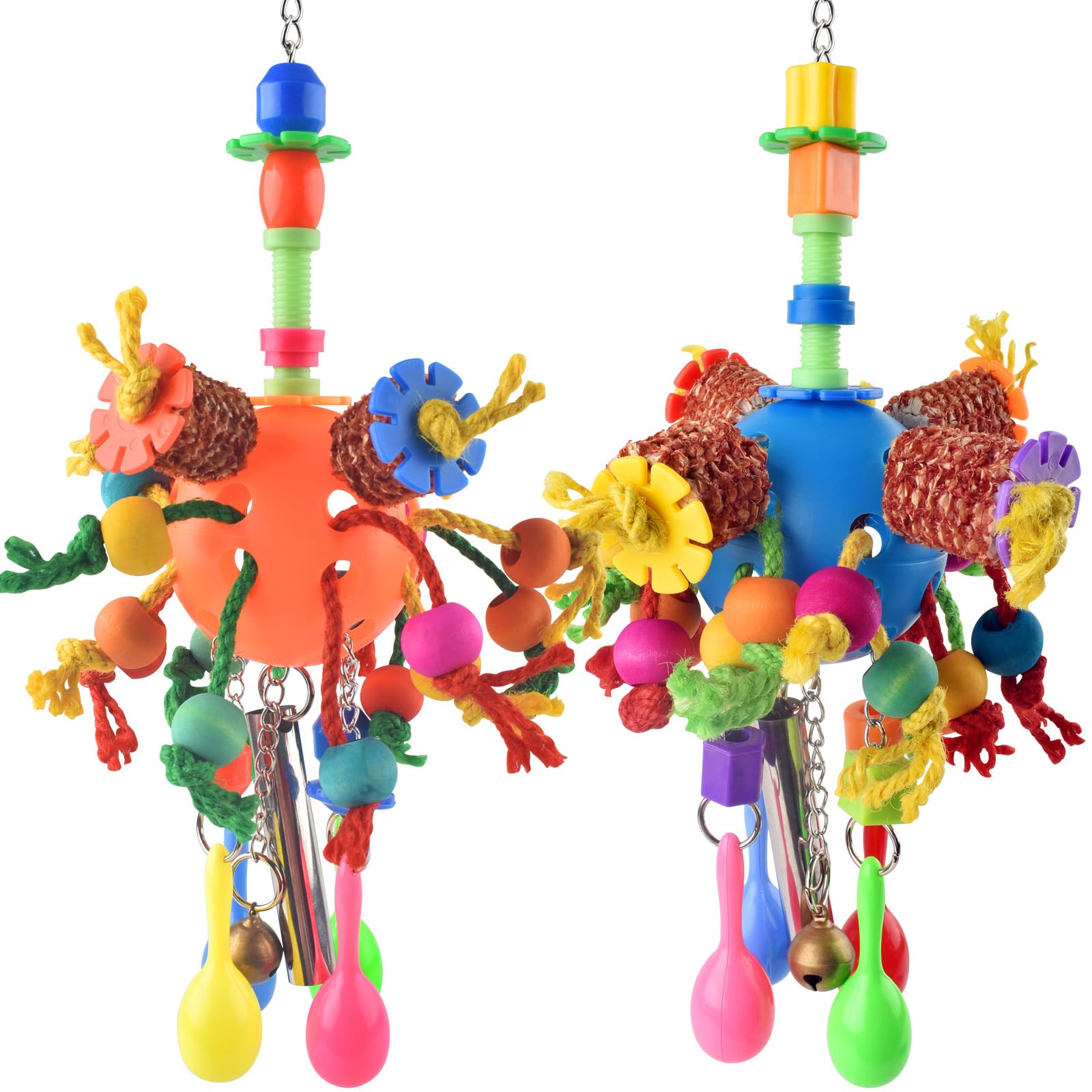 KATUMO Bird Toys, 2PCS Parakeet Foraging Shredder Hanging Toys with Sola Balls Sand Hammer, Parrot Ball Treats for Conure Mini Macaw Cockatiel Lovebird Small-Medium Birds