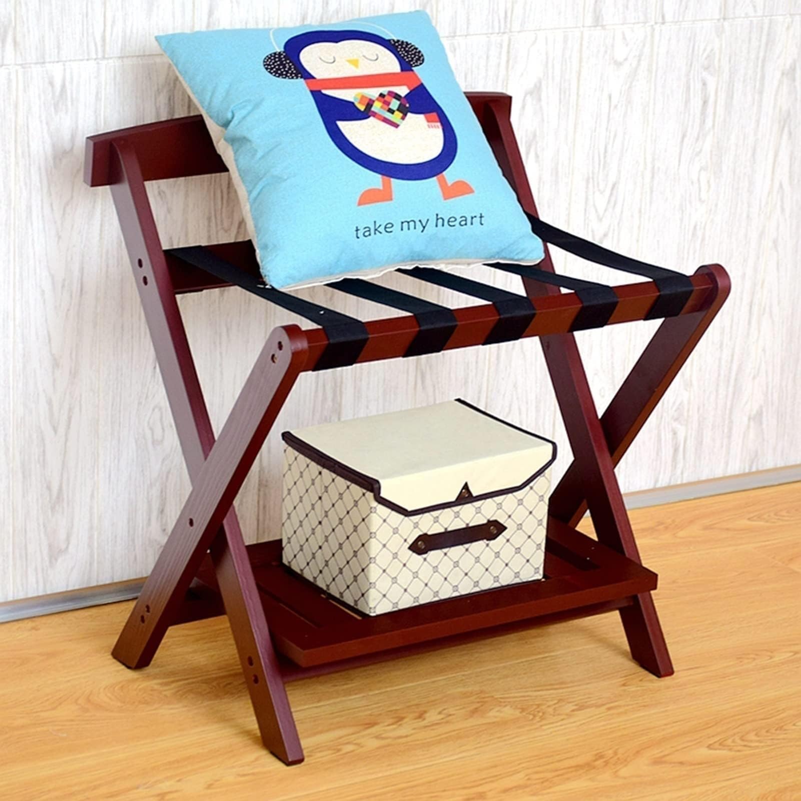Portavaligia - Portabagagli, Supporto per Zaini Valigia Pieghevole a 2 Livelli, Supporto portabagagli in Legno massello, Portavaligie Professionale per Hotel Rosso Vino, 60X50X65CM Comfortable