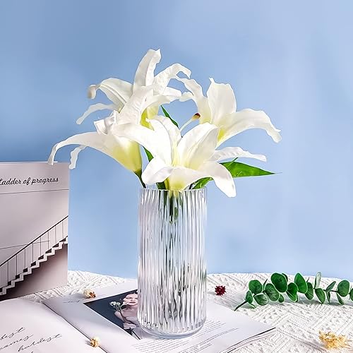 Miniatura 7 de Muyan Jarrón de flores de 7.5 pulgadas para decoración, jarrón de vidrio acanalado moderno para centros de mesa, escritorio, hogar, oficina,