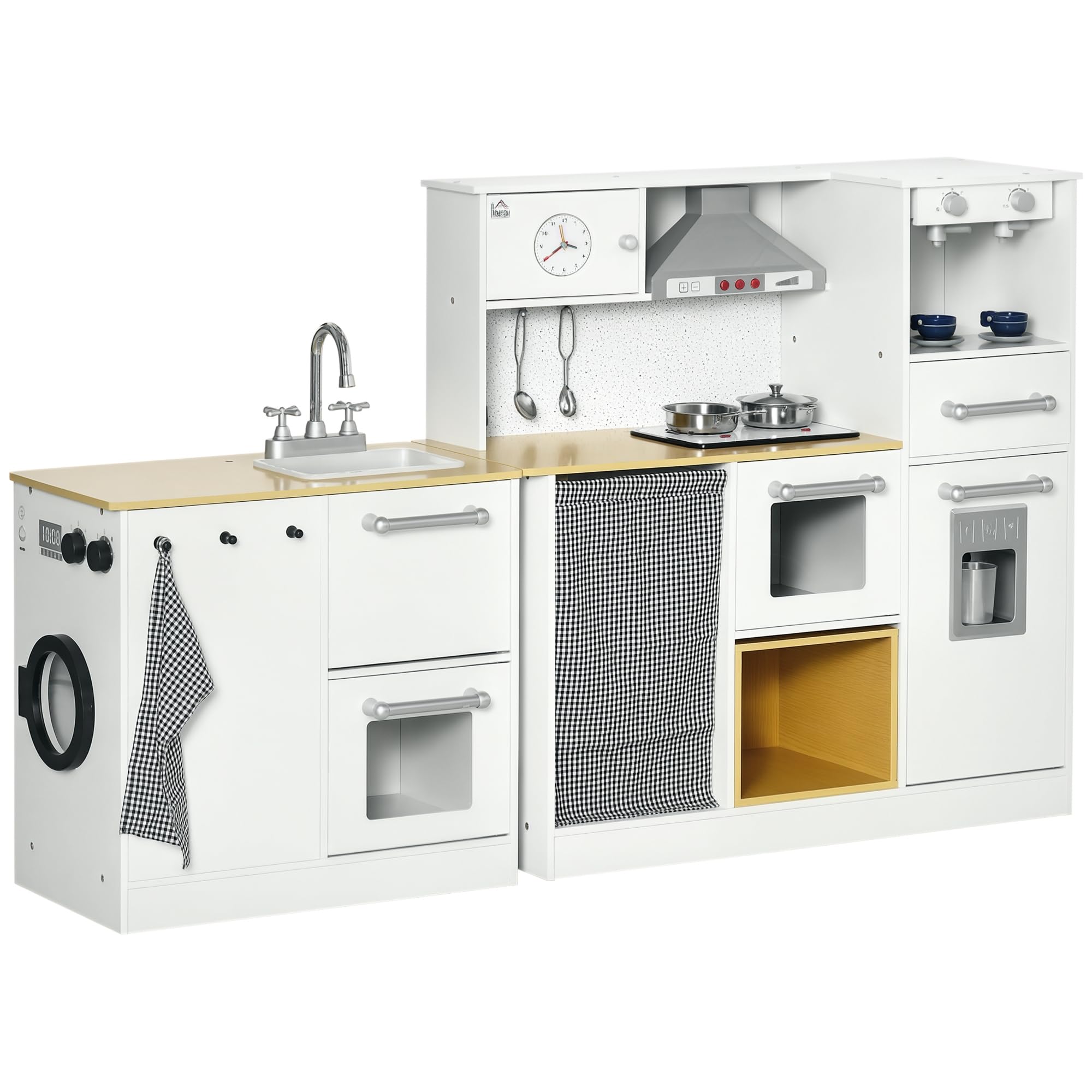 HOMCOM Cucina Giocattolo 2 Pezzi per Bambini 3-6 Anni con Utensili da Cucina, Luci ed Effetti Sonori Realistici, in MDF e PP Bianca e color Legno