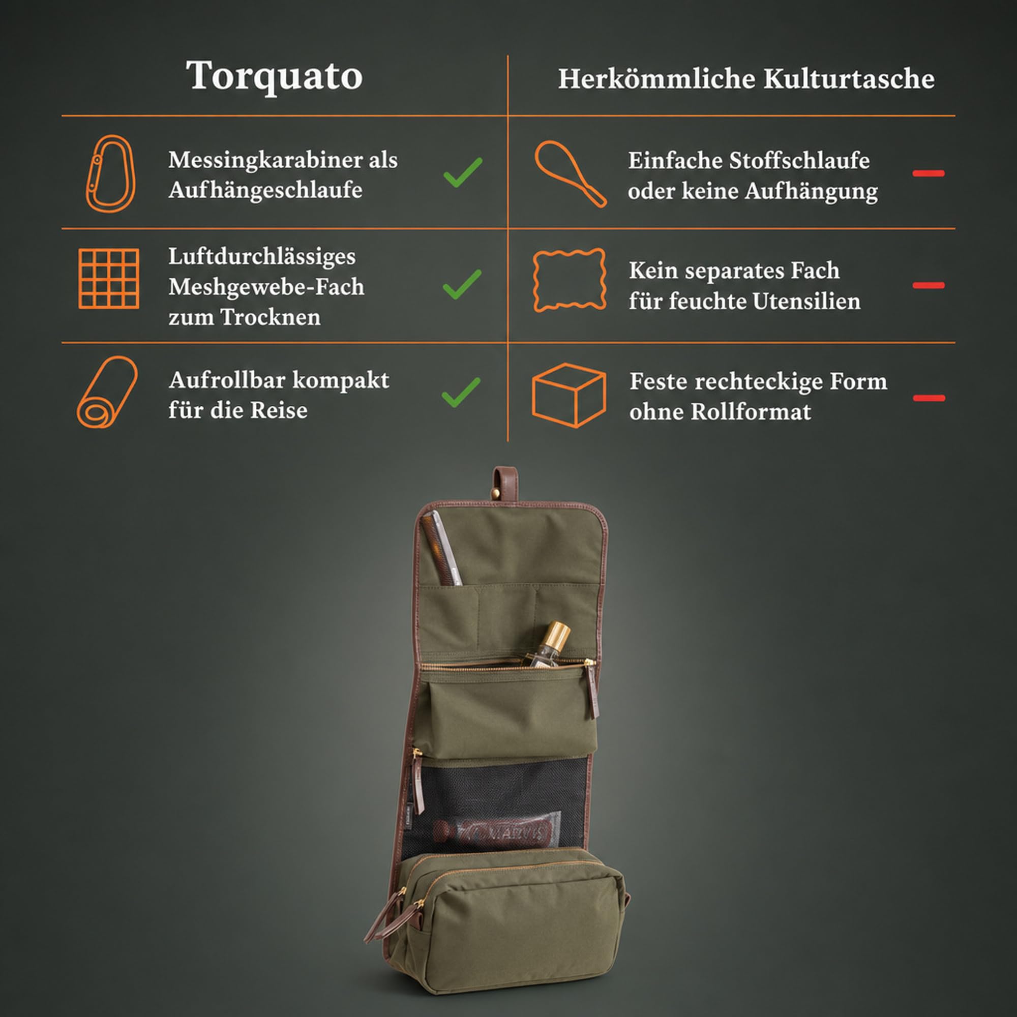 Torquato Rindsleder-Kulturbeutel Herren zum Aufhängen, aufrollbar
