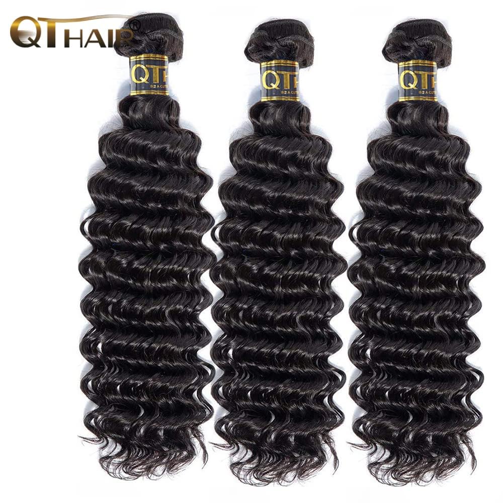 QTHAIR 18A Deep Wave Bundles Human Hair Brazilian Virgin Hair 100% Unprocessed Deep Curly Human Hair Weave Natural Black Color(26Inch,100g,#1b) Deep Wave Bundle