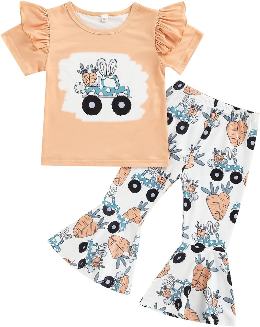 Kids Toddler Baby Girl Easter Outfits Short Sleeve Shirts Bunny T-shirt with Flare Pants 2Pcs Spring Summer Clothes Set