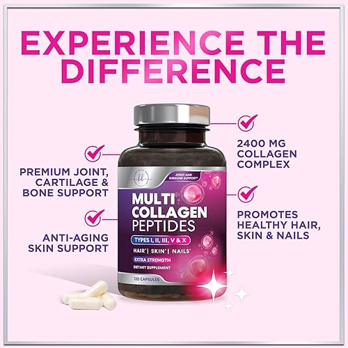 Vista 6 de Suplemento de colágeno múltiple de 2400 mg - Tipos I, II, III, V y X, píldoras de péptidos de colágeno múltiple para mujeres y hombres, suplementos